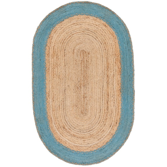 SAFAVIEH Natural Fiber Cirino Bordered Area Rug, Natural/Blue, 6' x 9' Oval