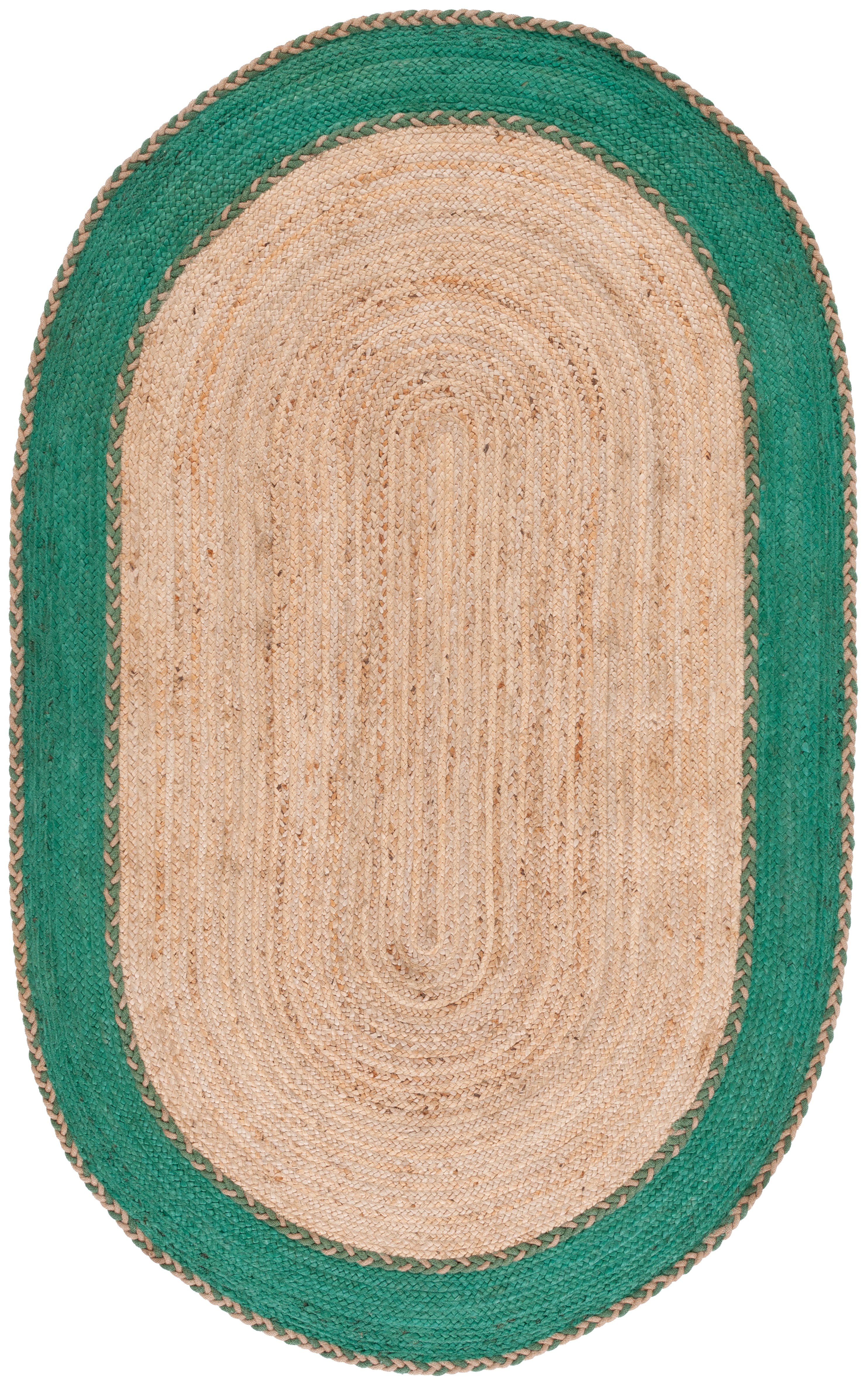 Natural and Green Oval Handwoven Cotton Area Rug