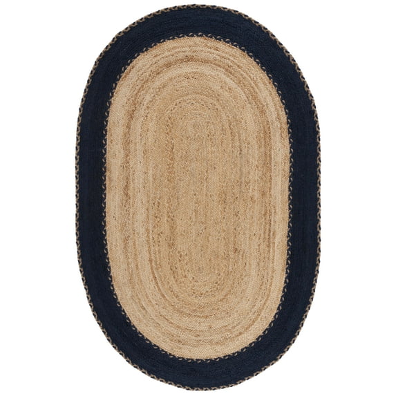 SAFAVIEH Natural Fiber Cirino Bordered Area Rug, Natural/Navy, 5' x 8' Oval