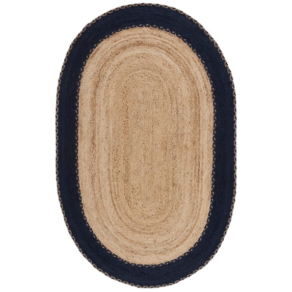 SAFAVIEH Natural Fiber Cirino Bordered Area Rug, Natural/Navy, 6' x 9' Oval