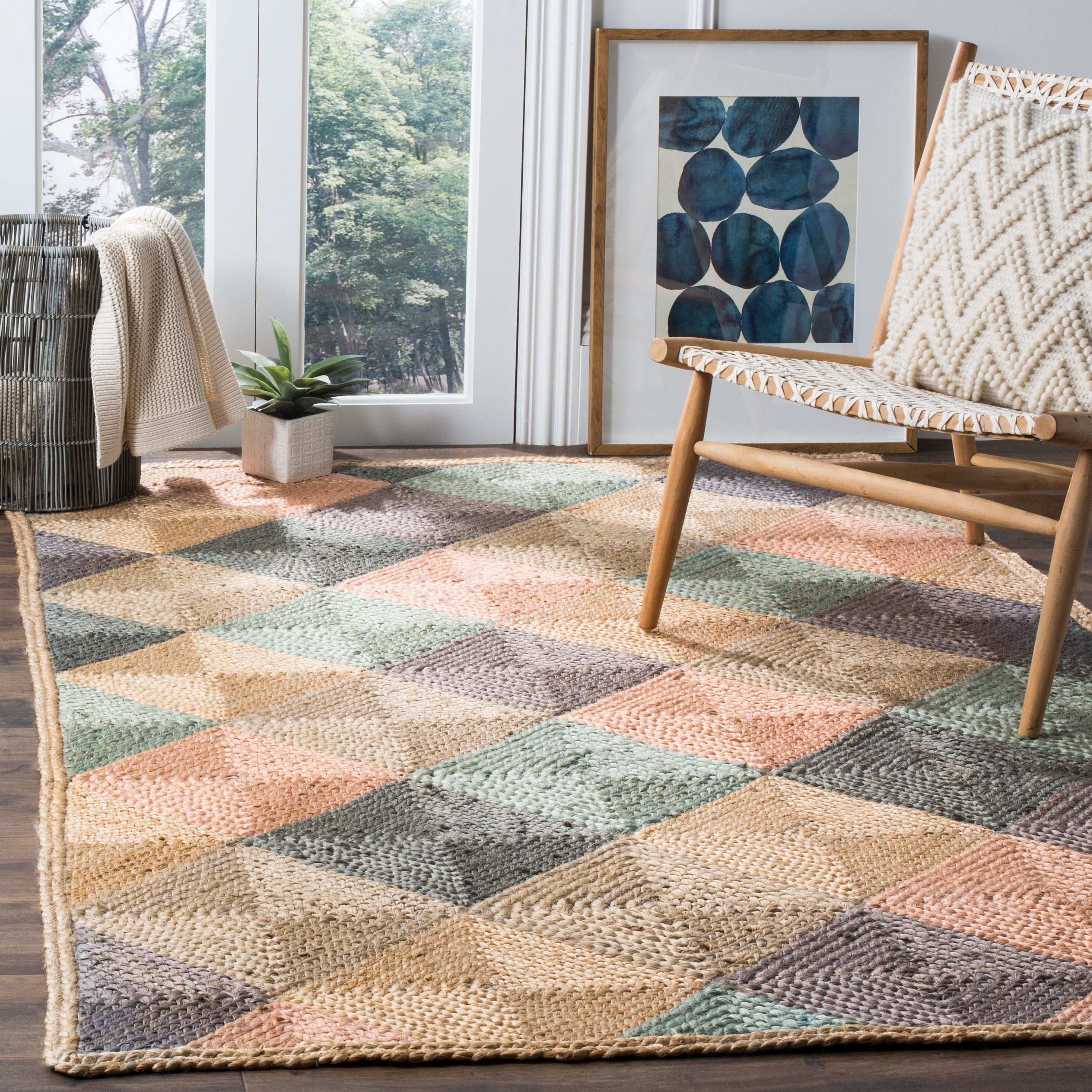 SAFAVIEH Natural Fiber Colleen Checkered Jute Area Rug, Natural/Multi, 6' x 6' Square