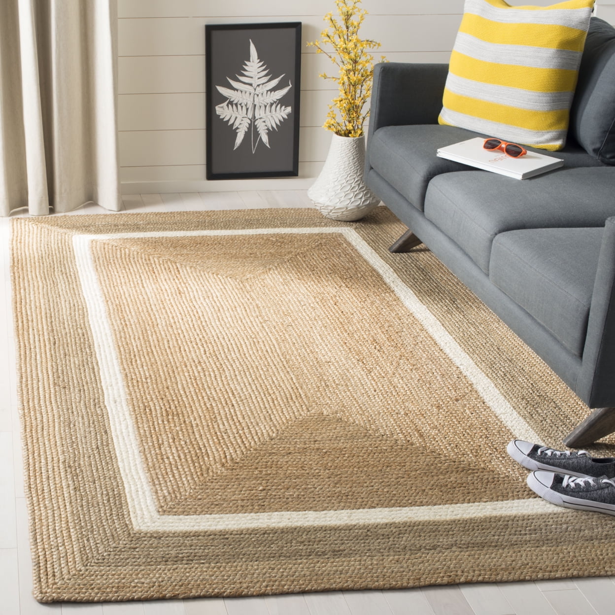 SAFAVIEH Natural Fiber Darrin Geometric Braided Jute Area Rug, Natural/Grey/Ivory, 8'x10'