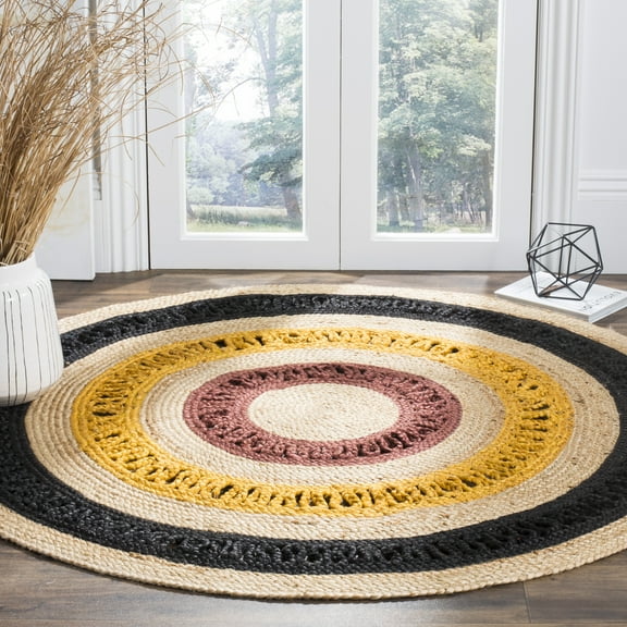 SAFAVIEH Natural Fiber Della Geometric Braided Jute Area Rug, Black/Natural, 5' x 5' Round