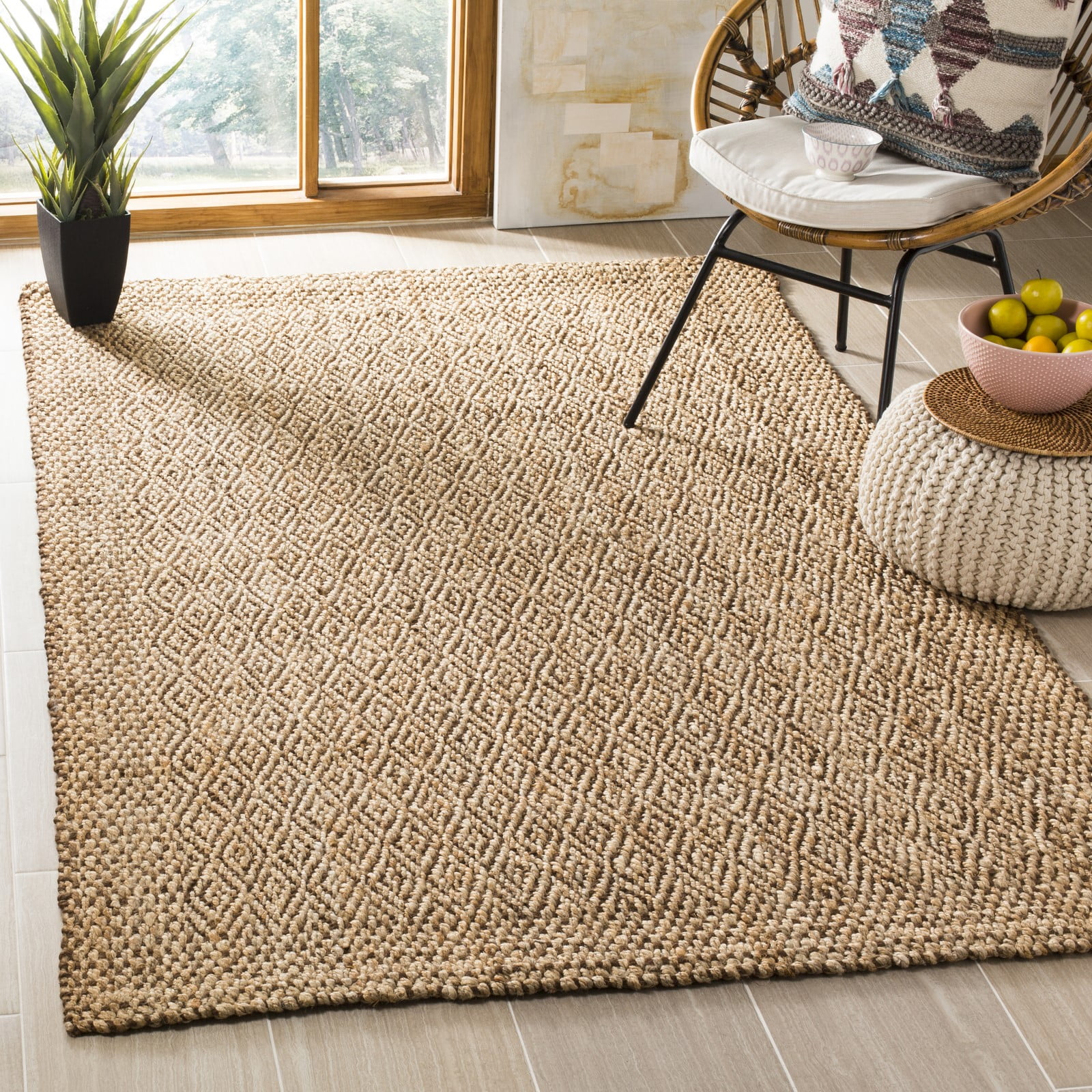 Hand-Knotted Geometric Jute 5' Square Area Rug in Natural/Brown