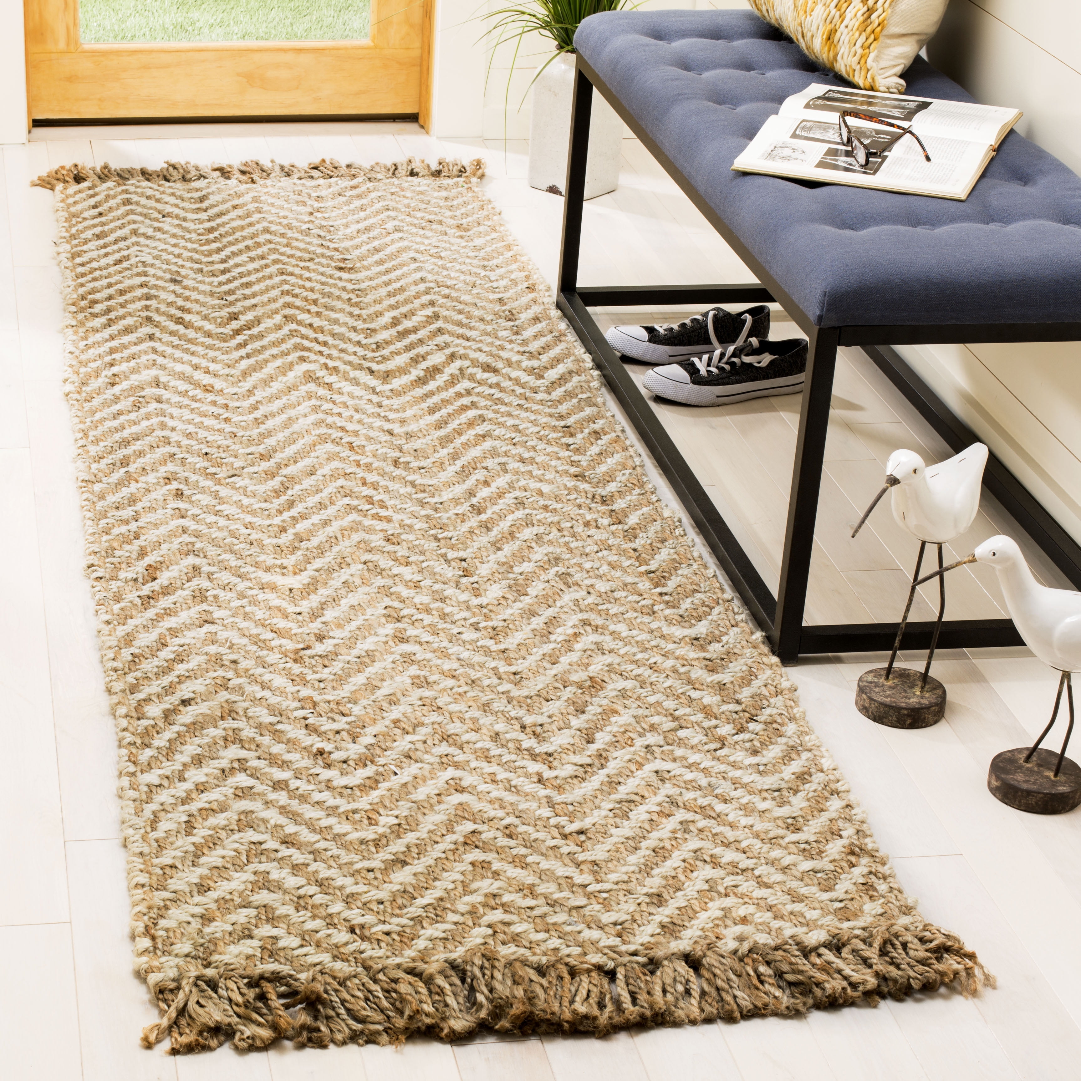 Ivory and Natural Braided Wool Chevron Runner Rug