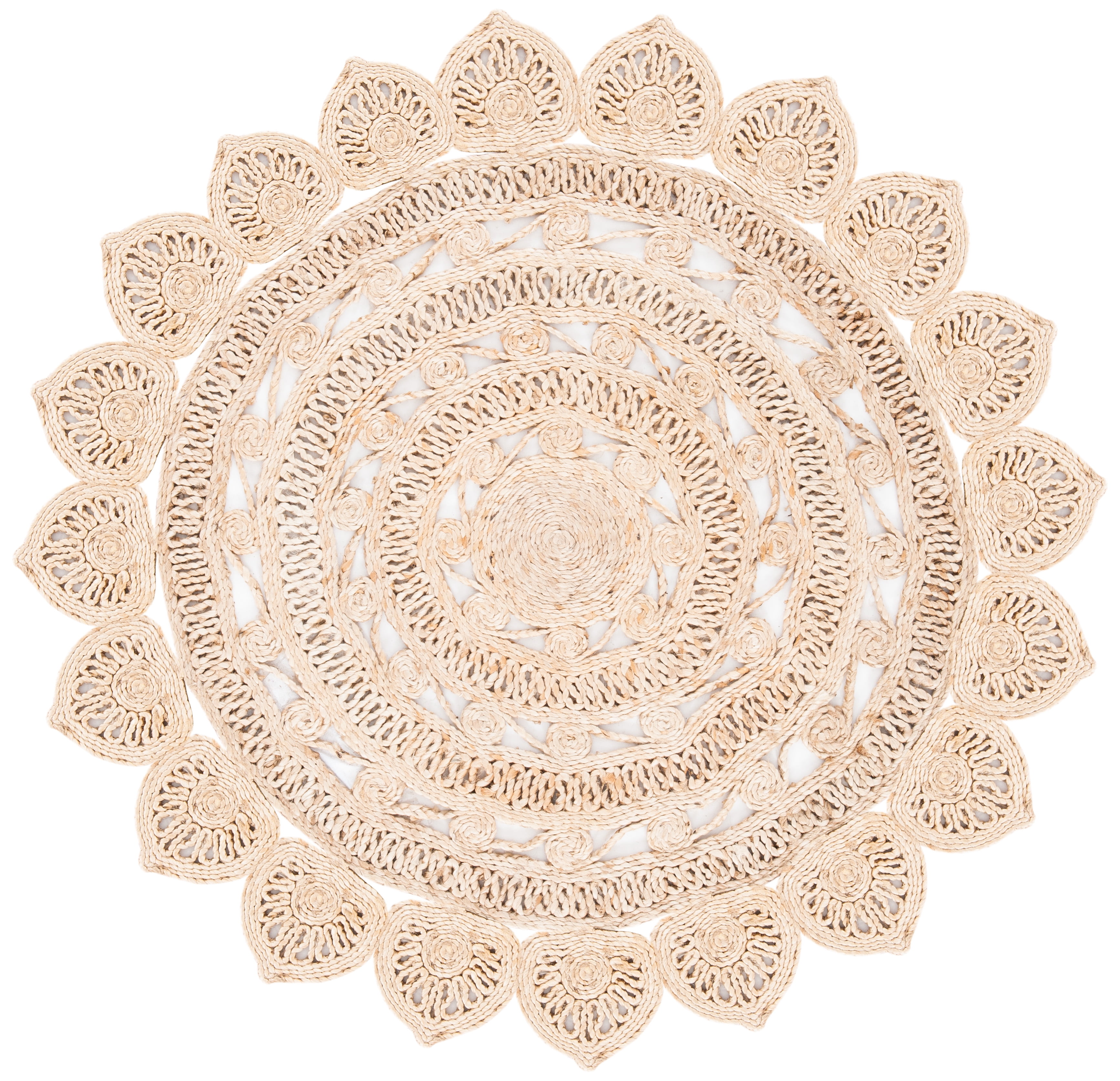 Hand-Woven Natural Jute Round Area Rug with Floral Design