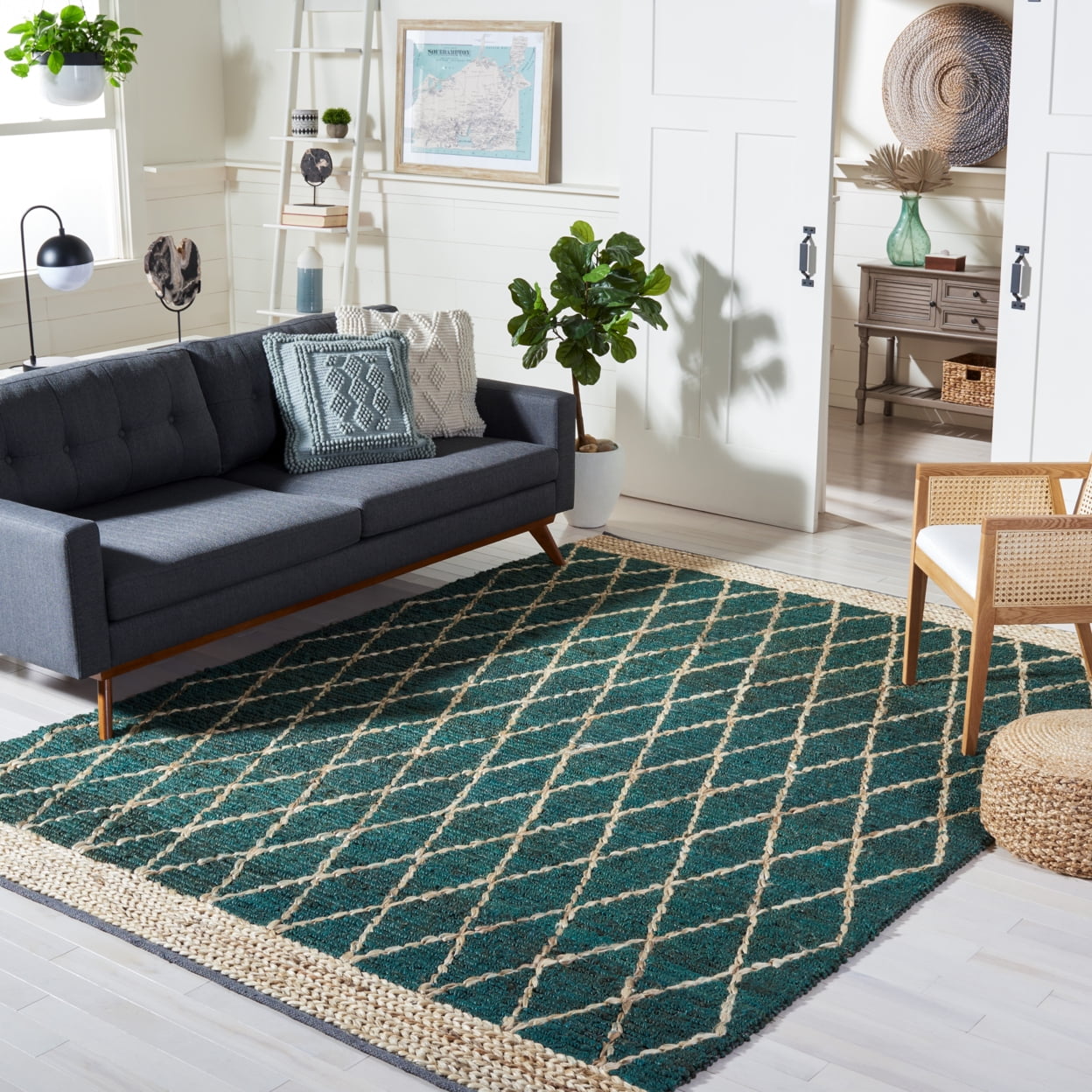 SAFAVIEH Natural Fiber Ingram Geometric Area Rug, Dark Green/Natural, 5' x 8'