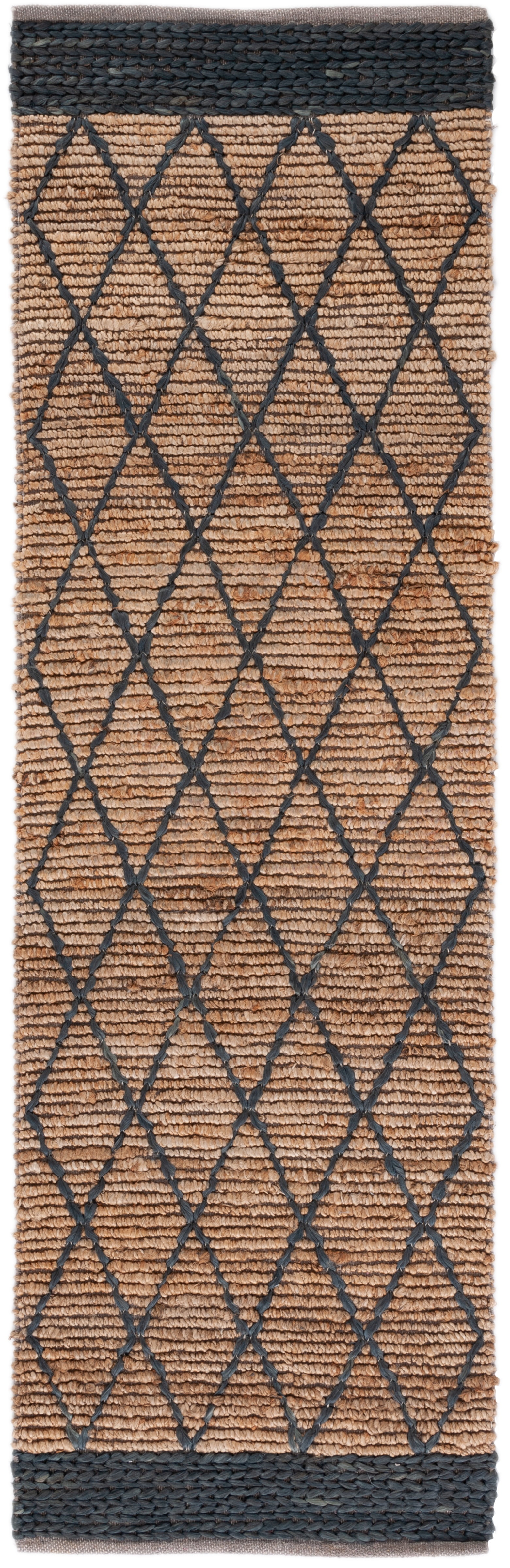 Natural and Black Hand-Knotted Jute Geometric Runner Rug