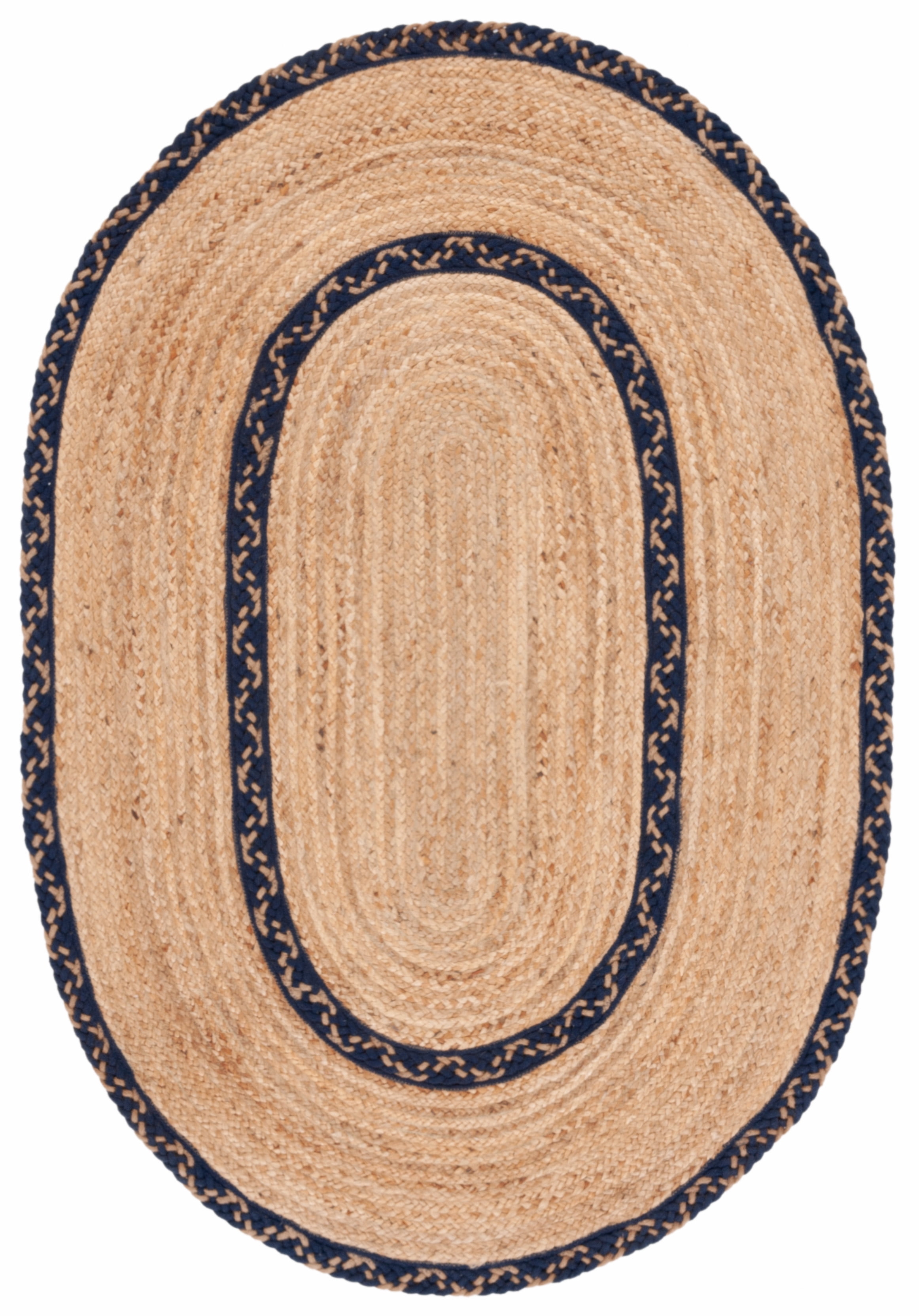 SAFAVIEH Natural Fiber Joshua Bordered Area Rug, Natural/Navy, 3' x 5' Oval