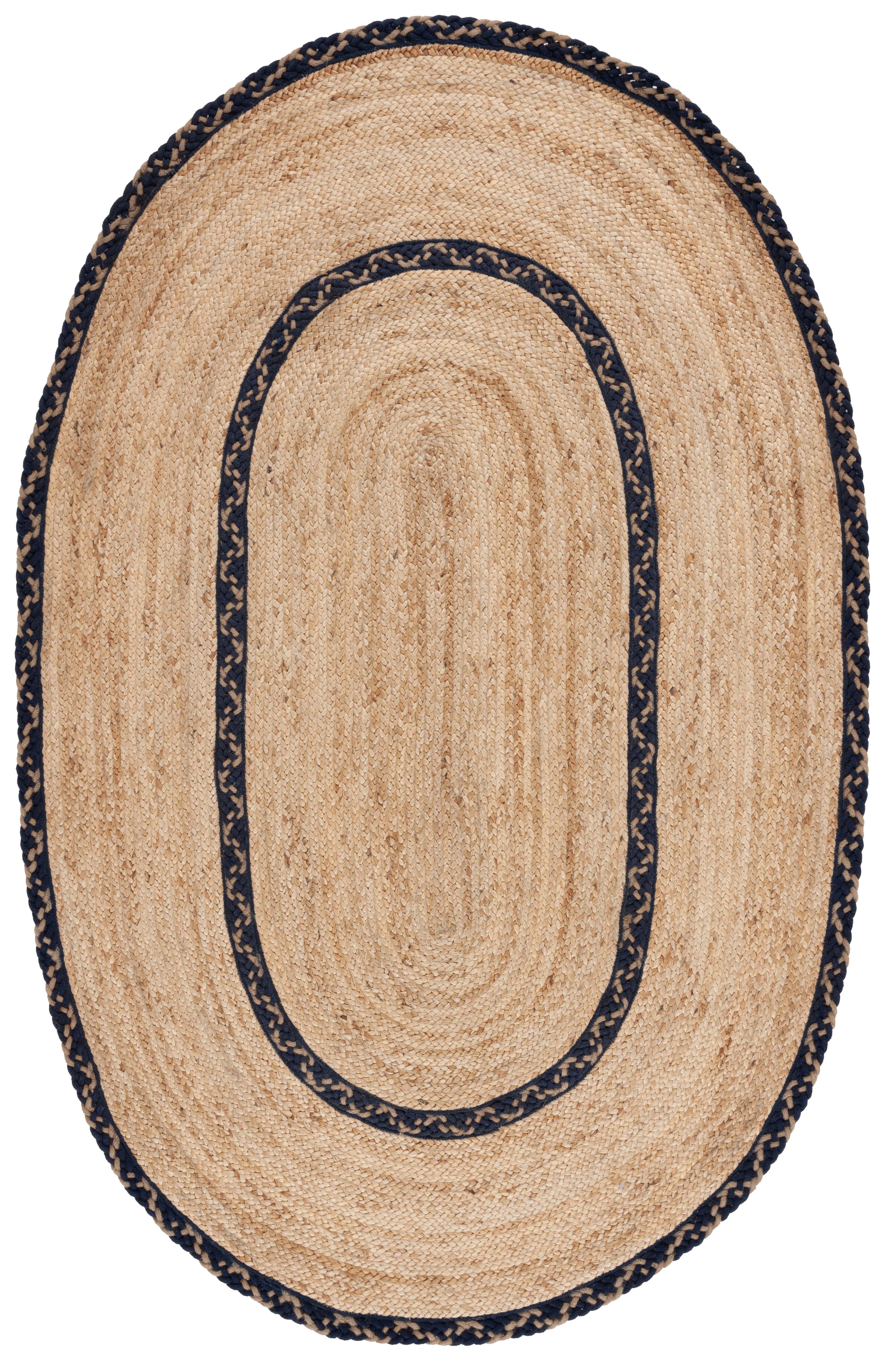 SAFAVIEH Natural Fiber Joshua Bordered Area Rug, Natural/Navy, 5' x 8' Oval