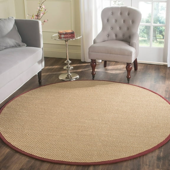 SAFAVIEH Natural Fiber Jovana Border Seagrass Area Rug, Maize/Burgundy, 4' x 4' Round