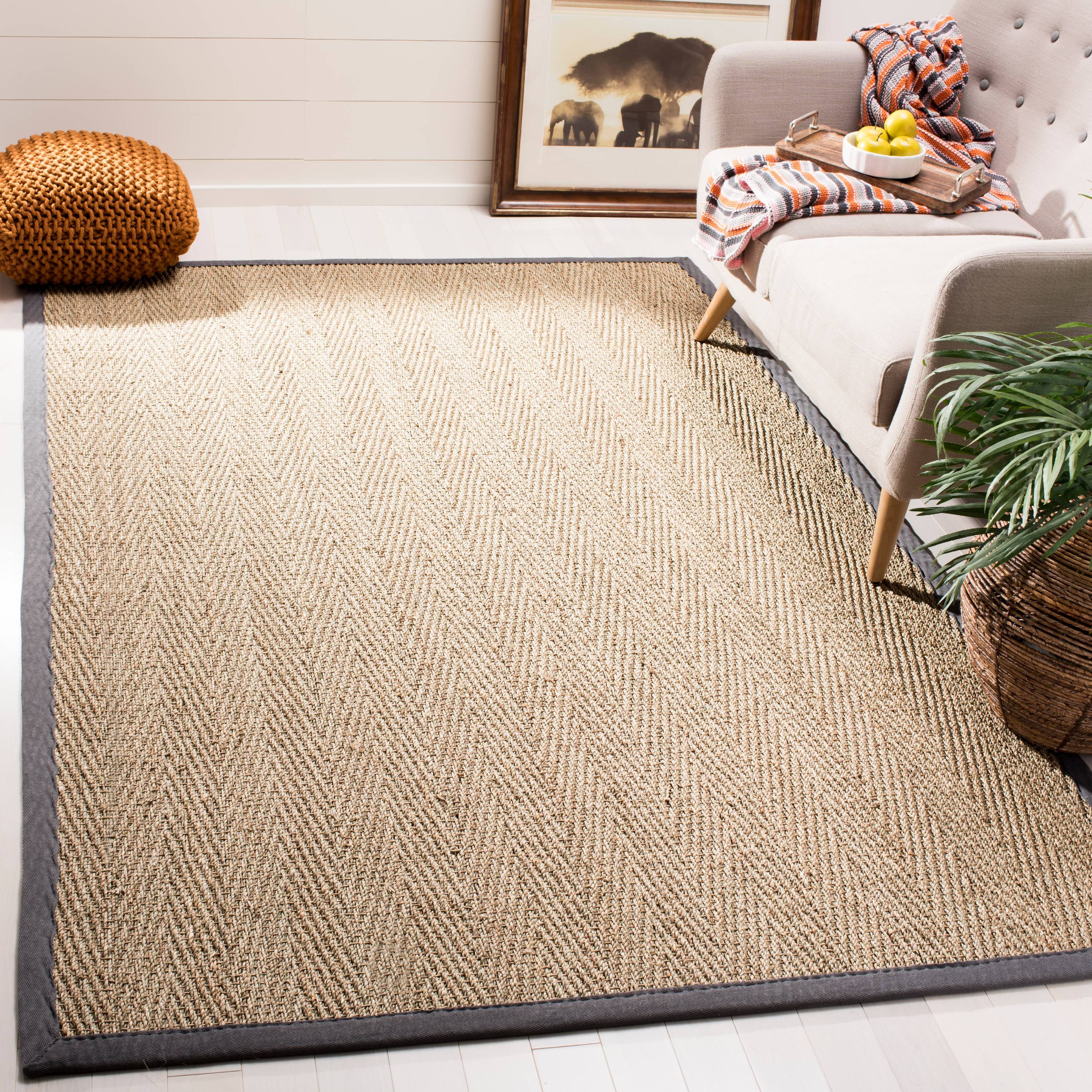 SAFAVIEH Natural Fiber Maisy Border Seagrass Area Rug, Natural/Dark Grey, 6' x 6' Square
