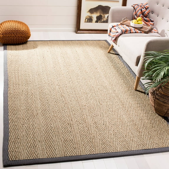 SAFAVIEH Natural Fiber Maisy Border Seagrass Area Rug, Natural/Dark Grey, 6' x 6' Square
