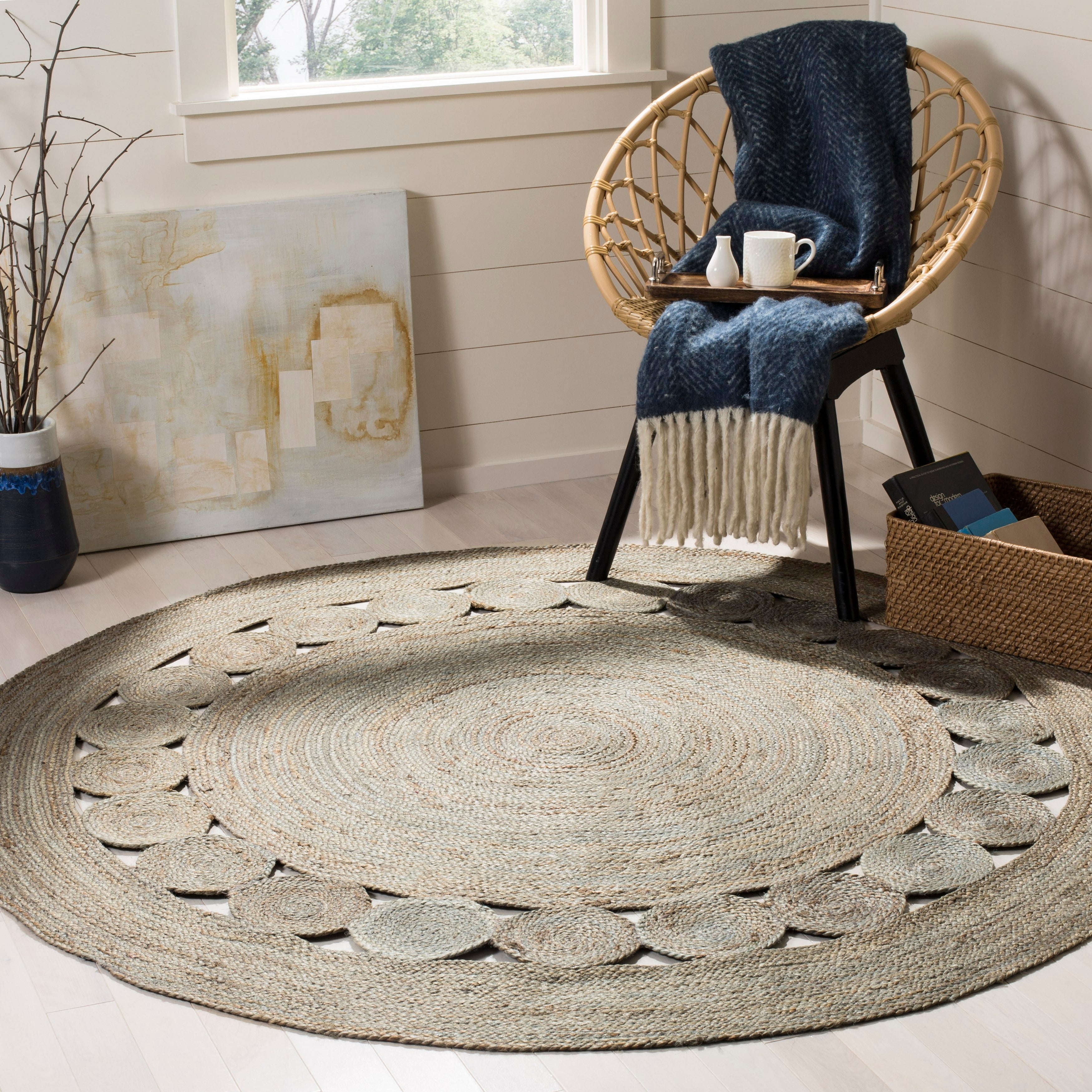 Hand-Knotted Boho Charm Gray Jute 6'6" Round Area Rug