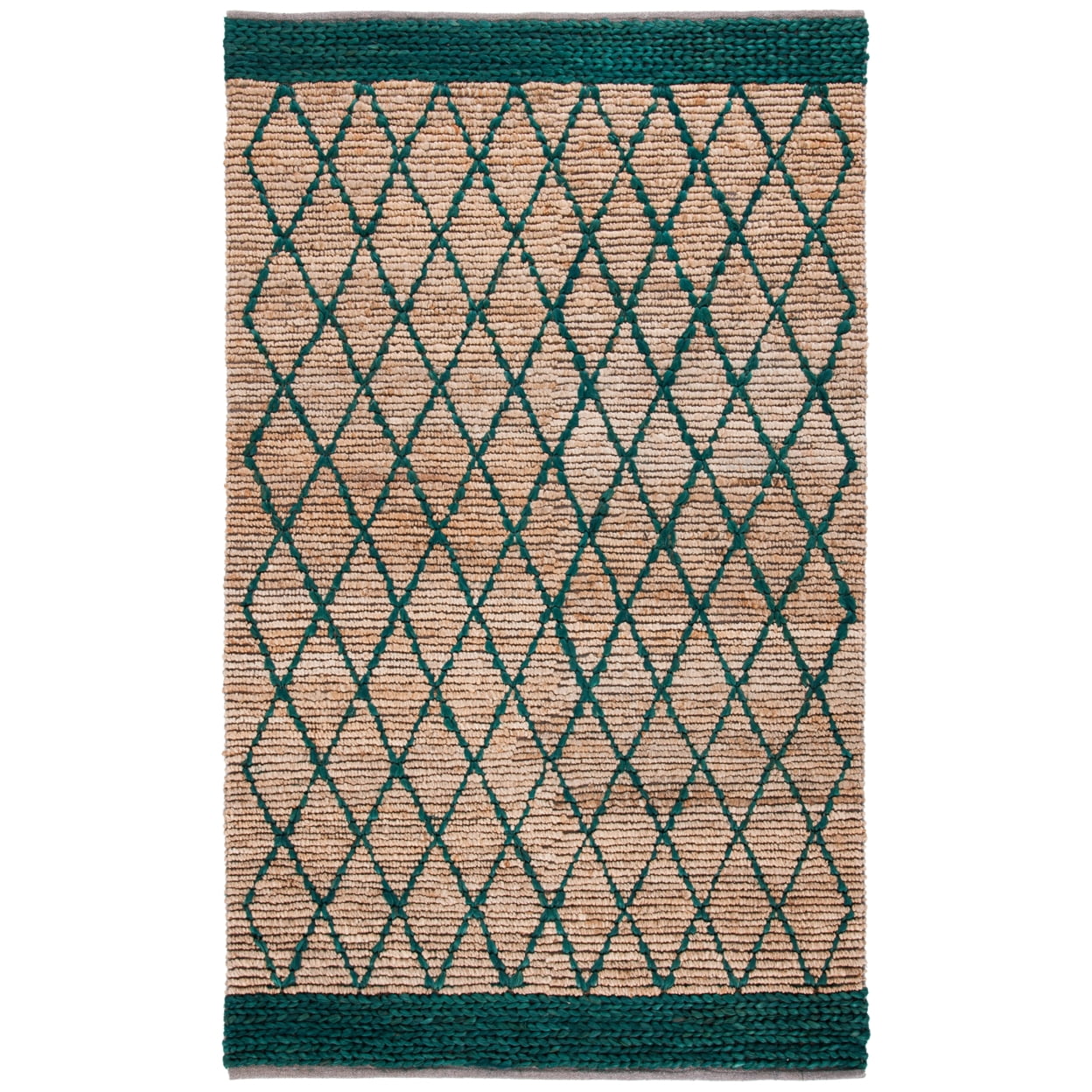 Hand-Knotted Boho Chic Geometric Cotton Rug in Natural/Dark Green - 4' x 6'