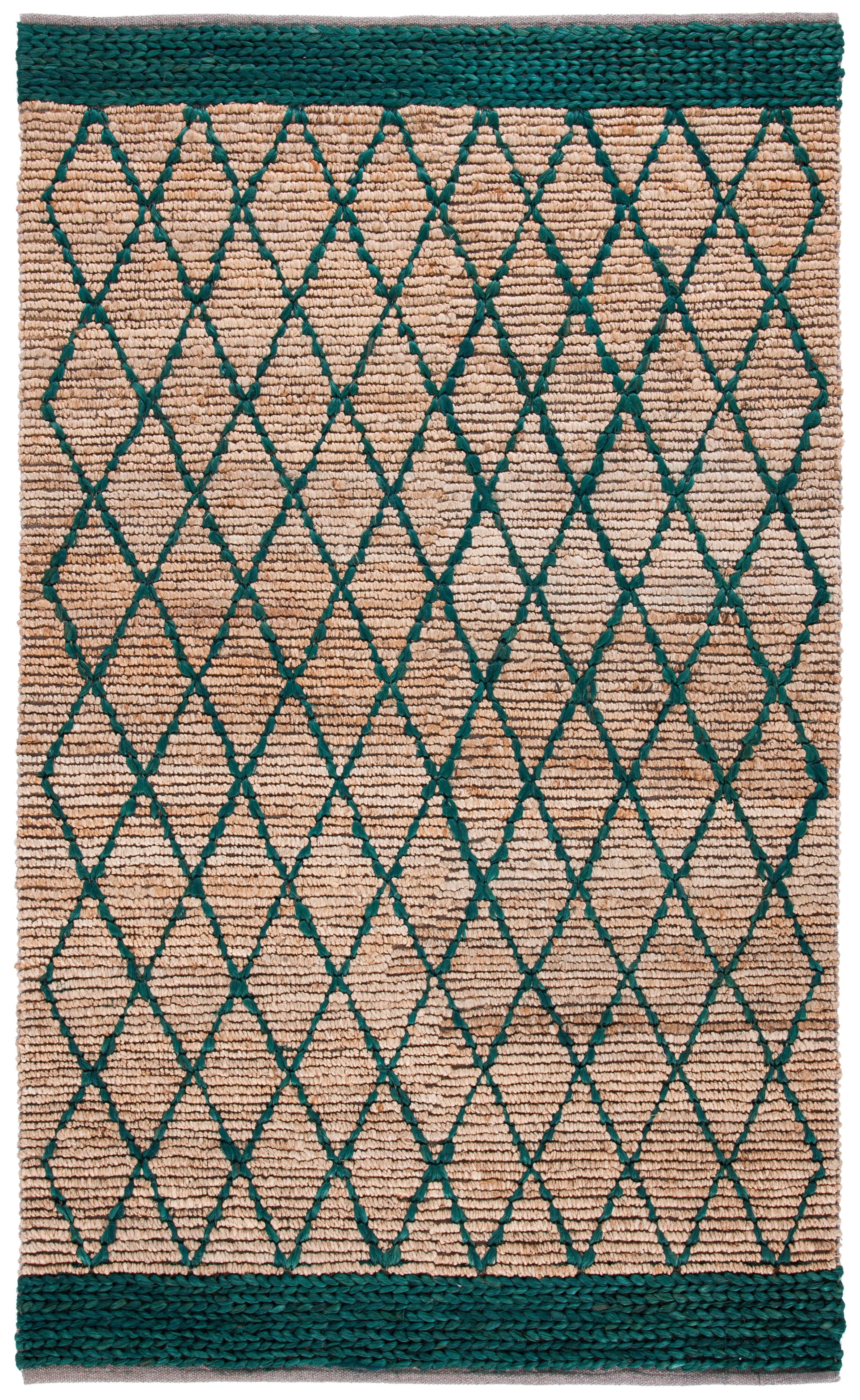 Hand-Knotted Boho Chic Geometric Cotton Rug in Natural/Dark Green - 4' x 6'