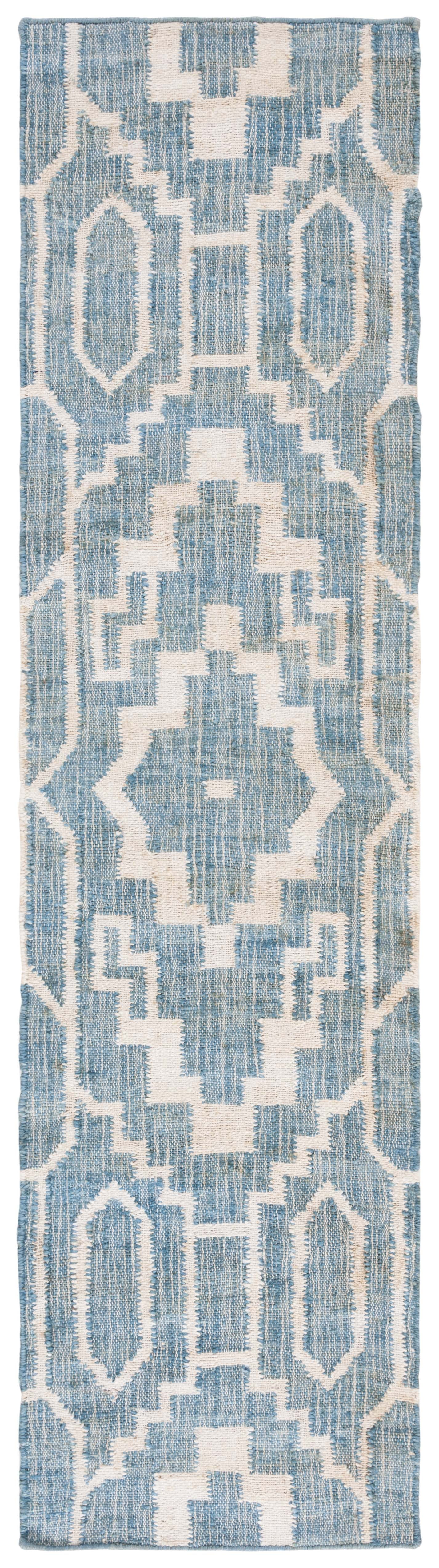 Blue and Ivory Geometric Hand-Woven Natural Fiber Runner Rug