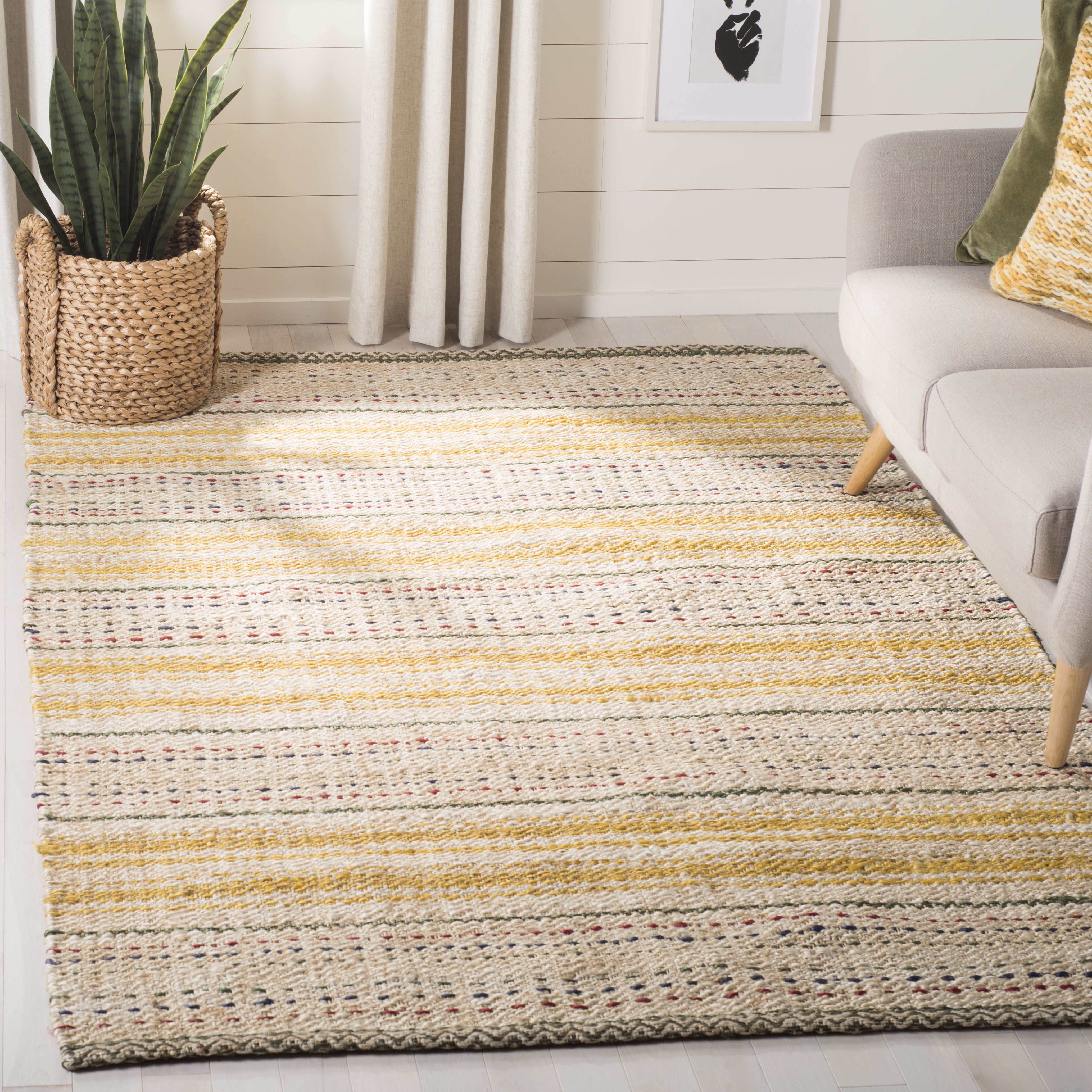 Ivory and Gold 6' Square Handwoven Jute Area Rug