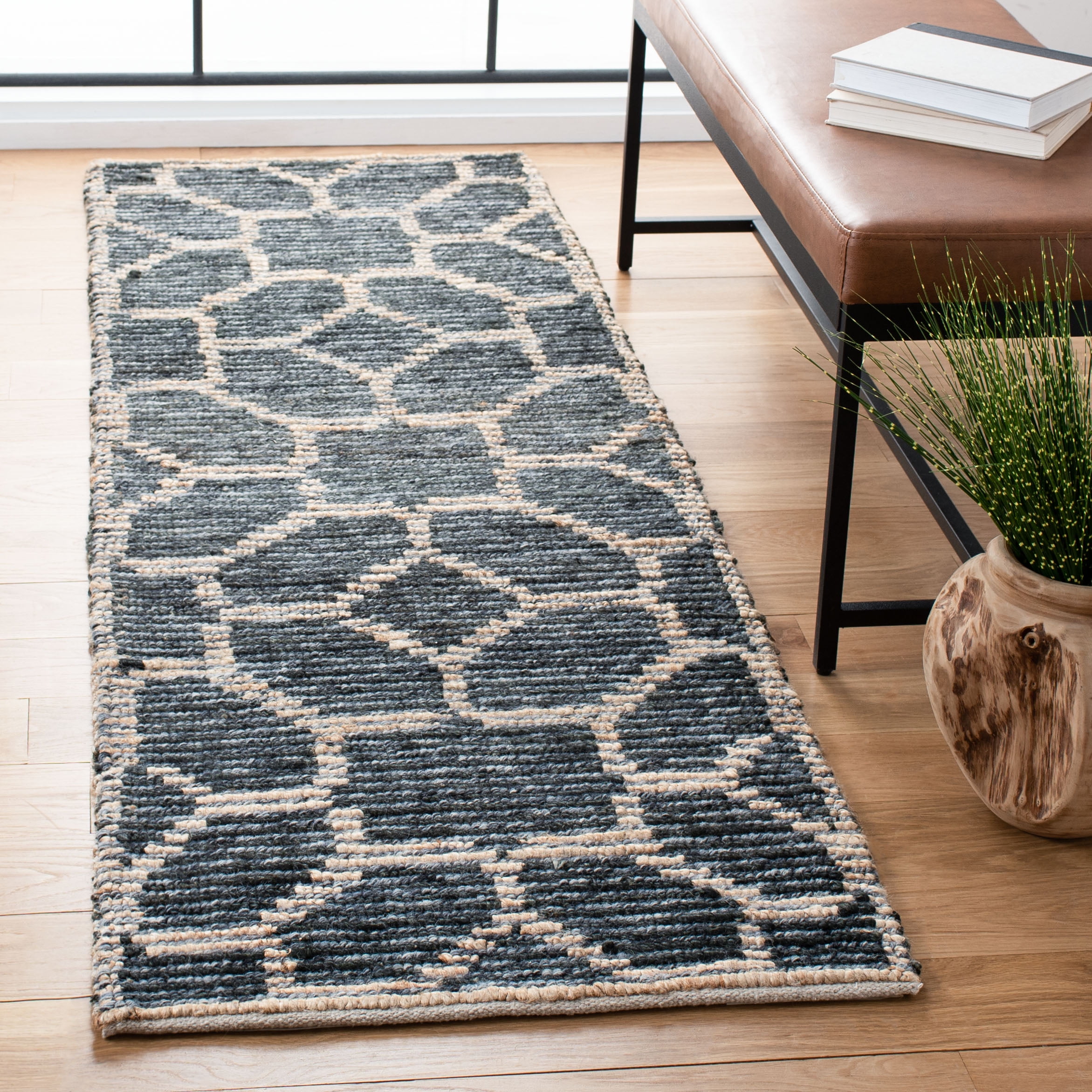 Beige and Charcoal Hand-Knotted Wool Runner Rug