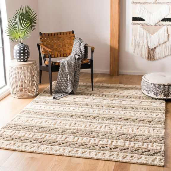 SAFAVIEH Natural Fiber Sonam Striped Geometric Jute Area Rug, Green/Ivory, 5' x 8'