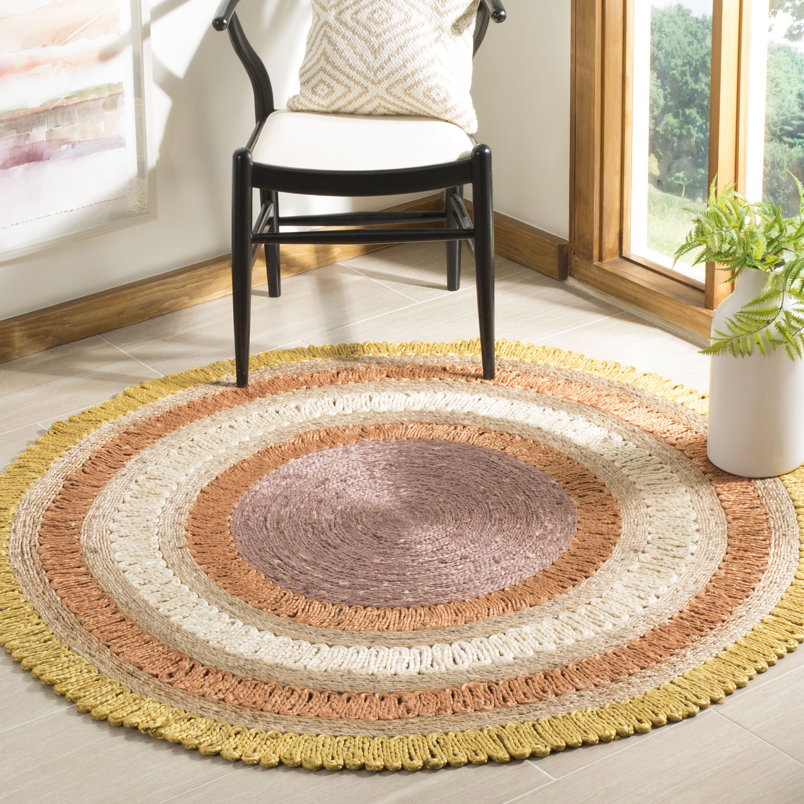 SAFAVIEH Natural Fiber Tanja Braided Jute Area Rug, Gold/Multi, 5' x 5' Round