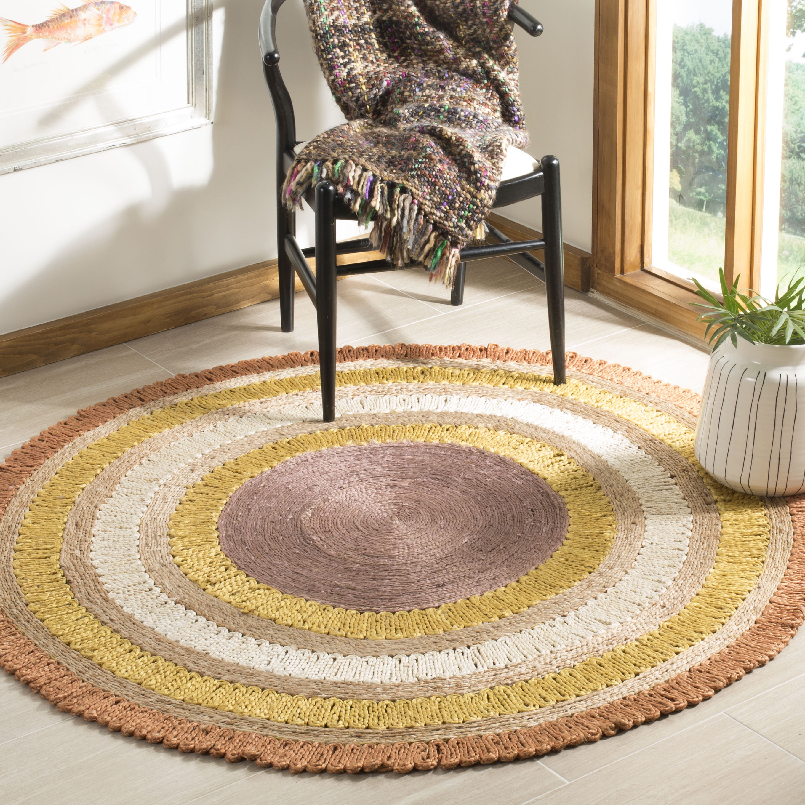 SAFAVIEH Natural Fiber Tanja Braided Jute Area Rug, Orange/Multi, 7' x 7' Round