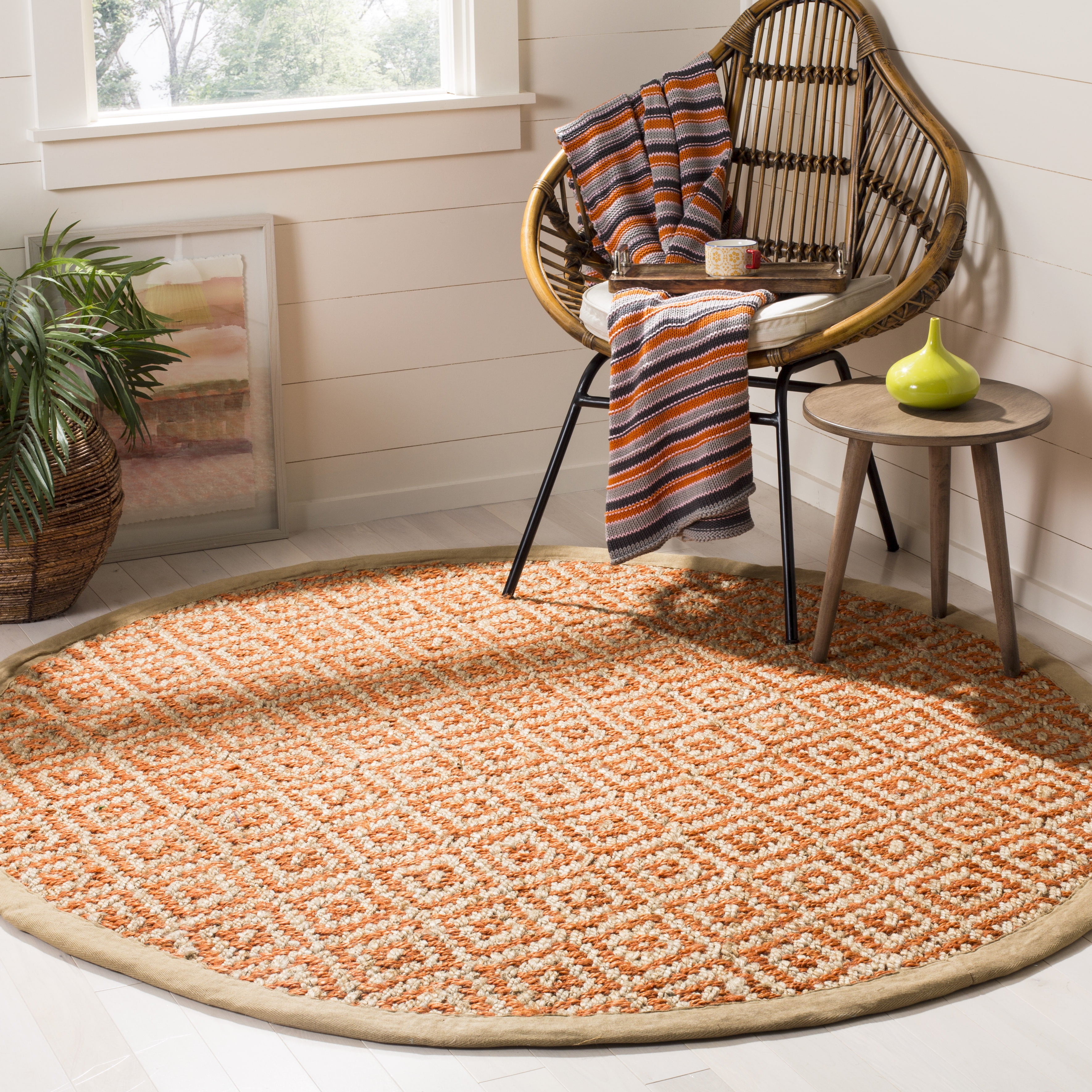 SAFAVIEH Natural Fiber Thomas Geometric Jute Area Rug, Orange/Natural, 6' x 6' Round