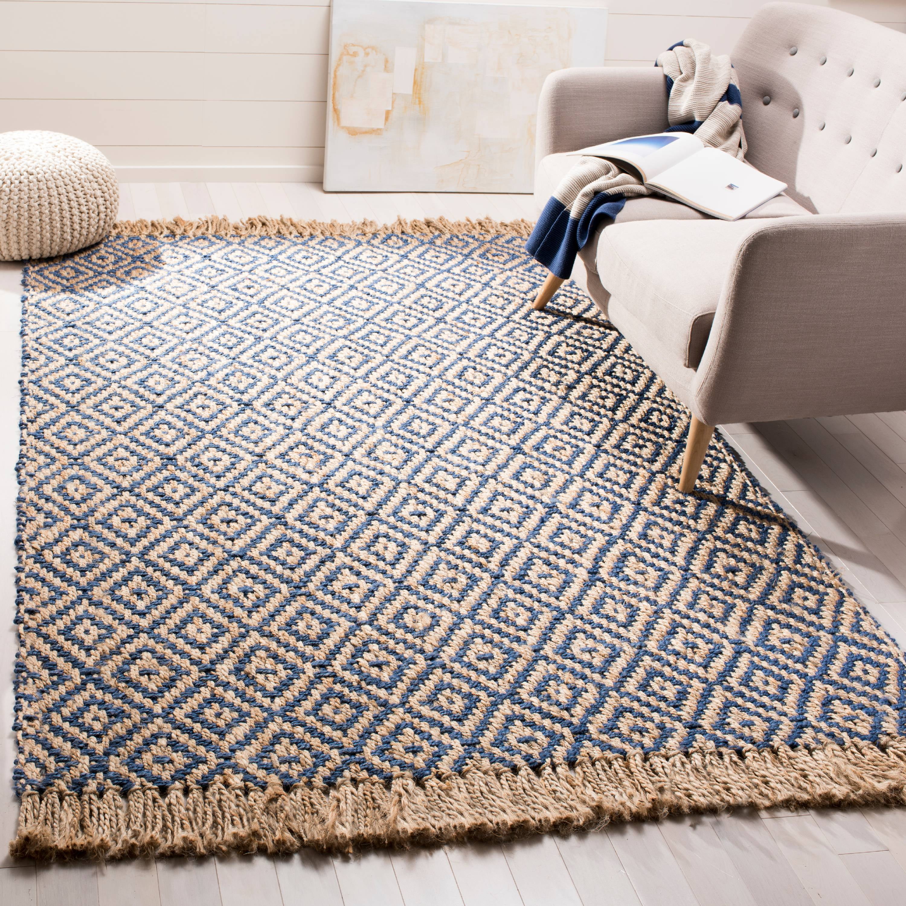 Hand-Woven Tropical Blue and Natural Jute Geometric 9' x 12' Rug