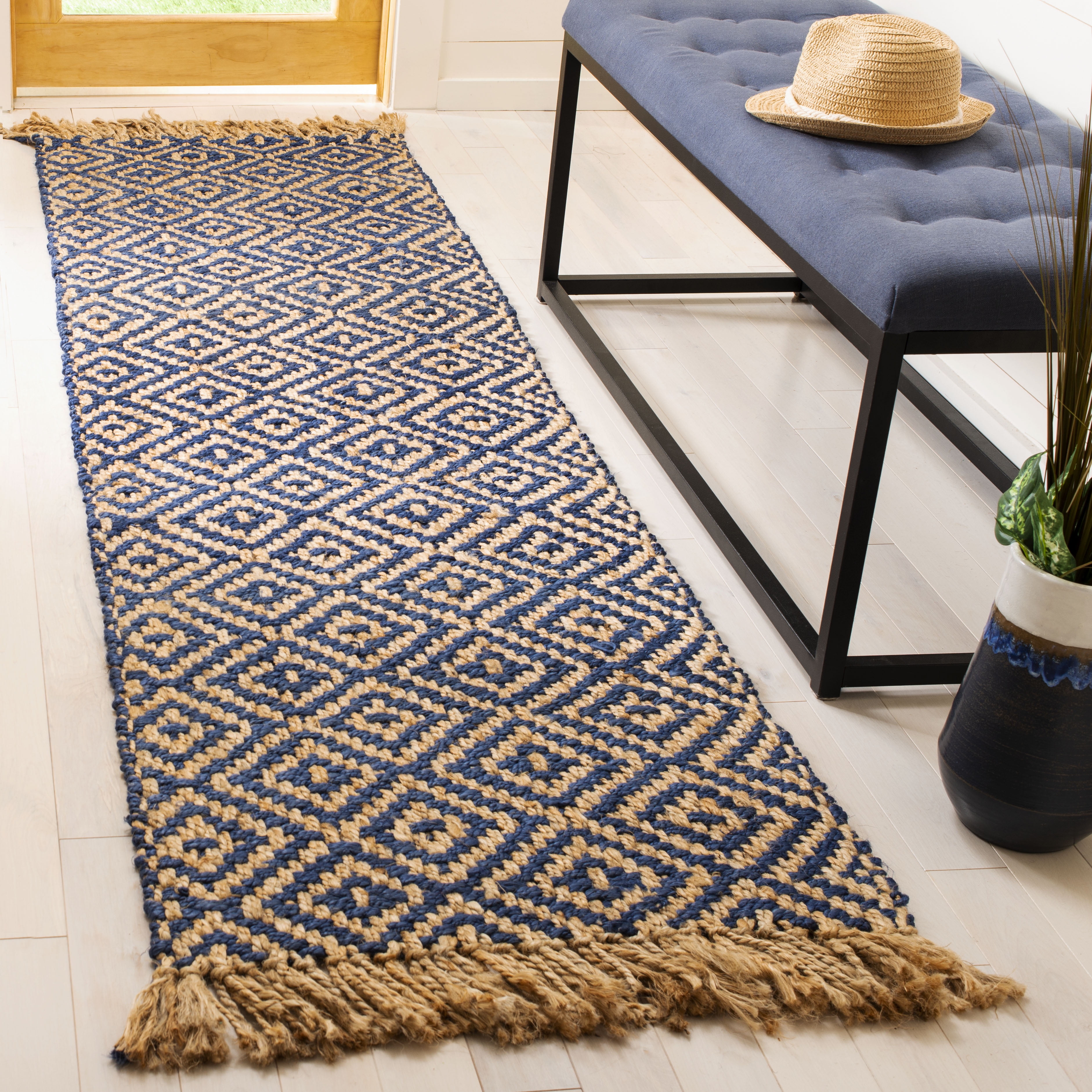 SAFAVIEH Natural Fiber Thomas Geometric Jute Runner Rug, Tropical Blue/Natural, 2'3" x 12'