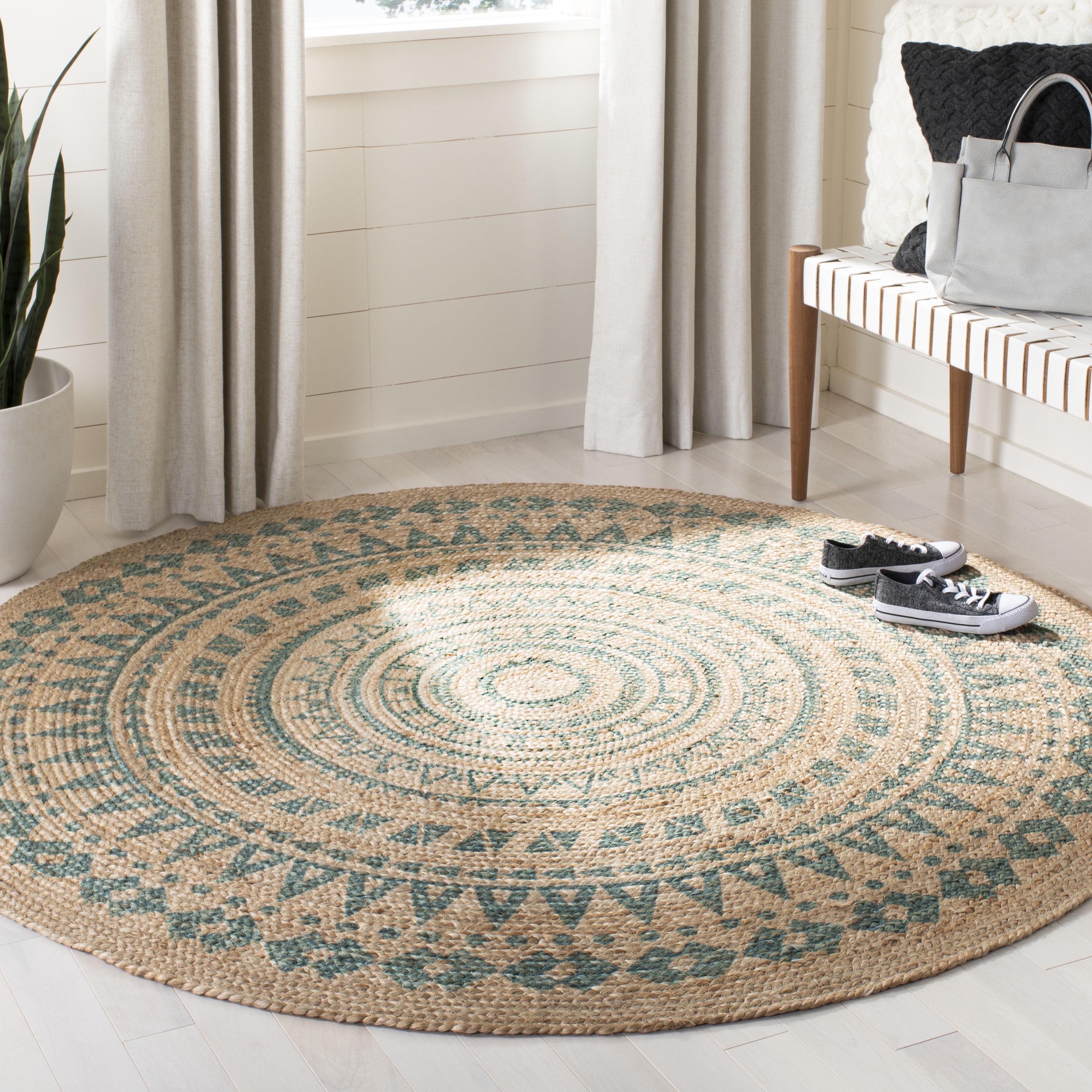 Aqua and Natural Handwoven Jute Round Area Rug, 3'
