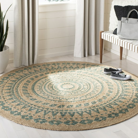 SAFAVIEH Natural Fiber Zoolander Geometric Jute Area Rug, Aqua/Natural, 5' x 5' Round