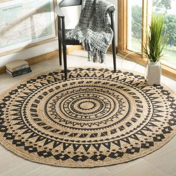 SAFAVIEH Natural Fiber Zoolander Geometric Jute Area Rug, Black/Natural, 5' x 5' Round