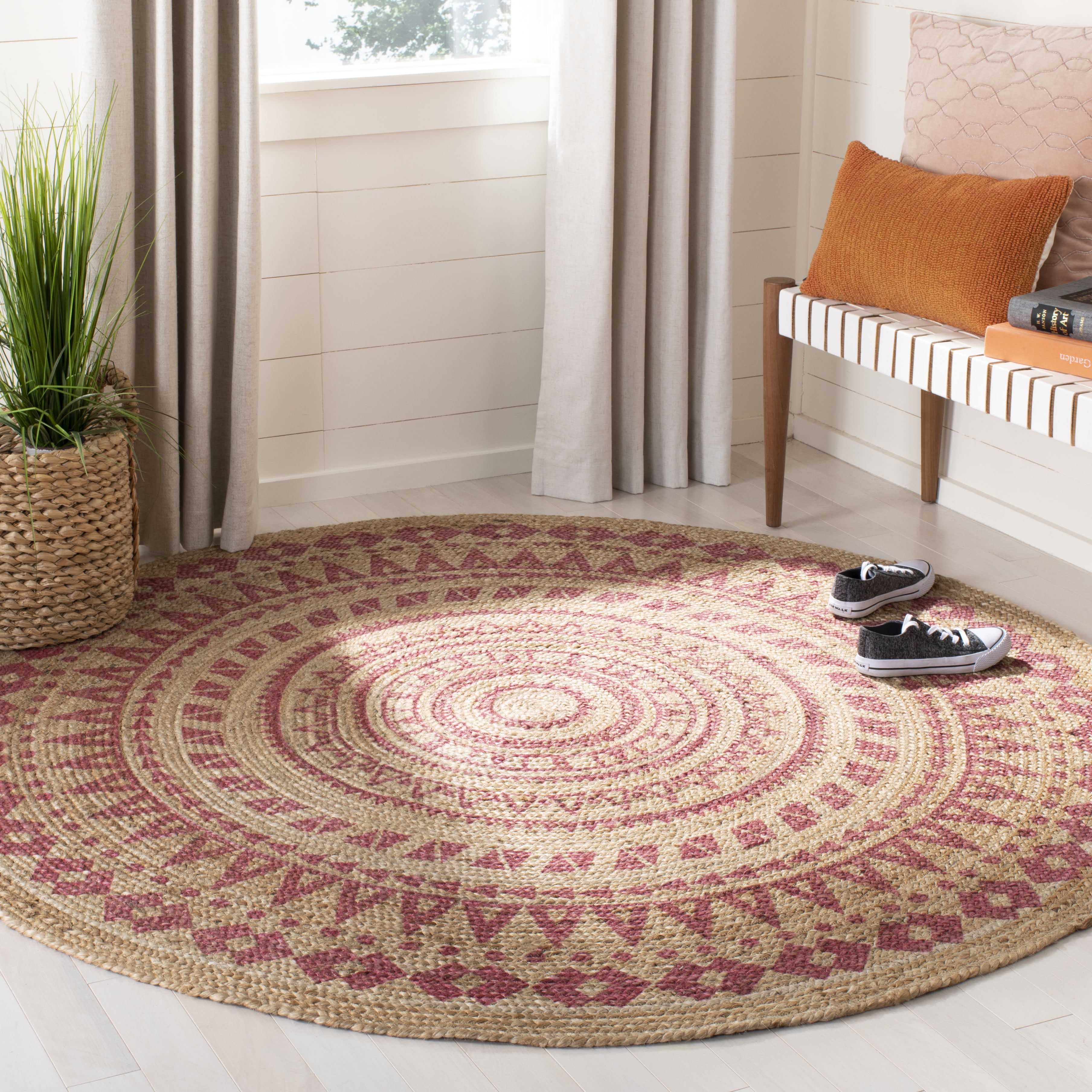 SAFAVIEH Natural Fiber Zoolander Geometric Jute Area Rug, Pink/Natural, 6' x 6' Round