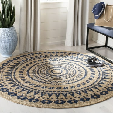 SAFAVIEH Natural Fiber Zoolander Geometric Jute Area Rug, Royal Blue/Natural, 4' Round