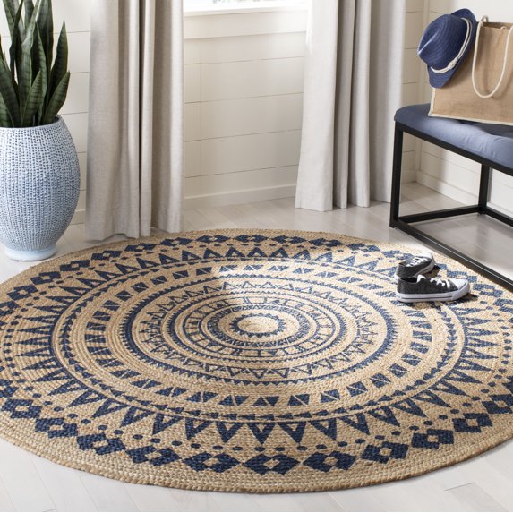SAFAVIEH Natural Fiber Zoolander Geometric Jute Area Rug, Royal Blue/Natural, 8' Round