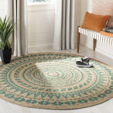 SAFAVIEH Natural Fiber Zoolander Geometric Jute Area Rug, Teal/Natural, 4' x 4' Round