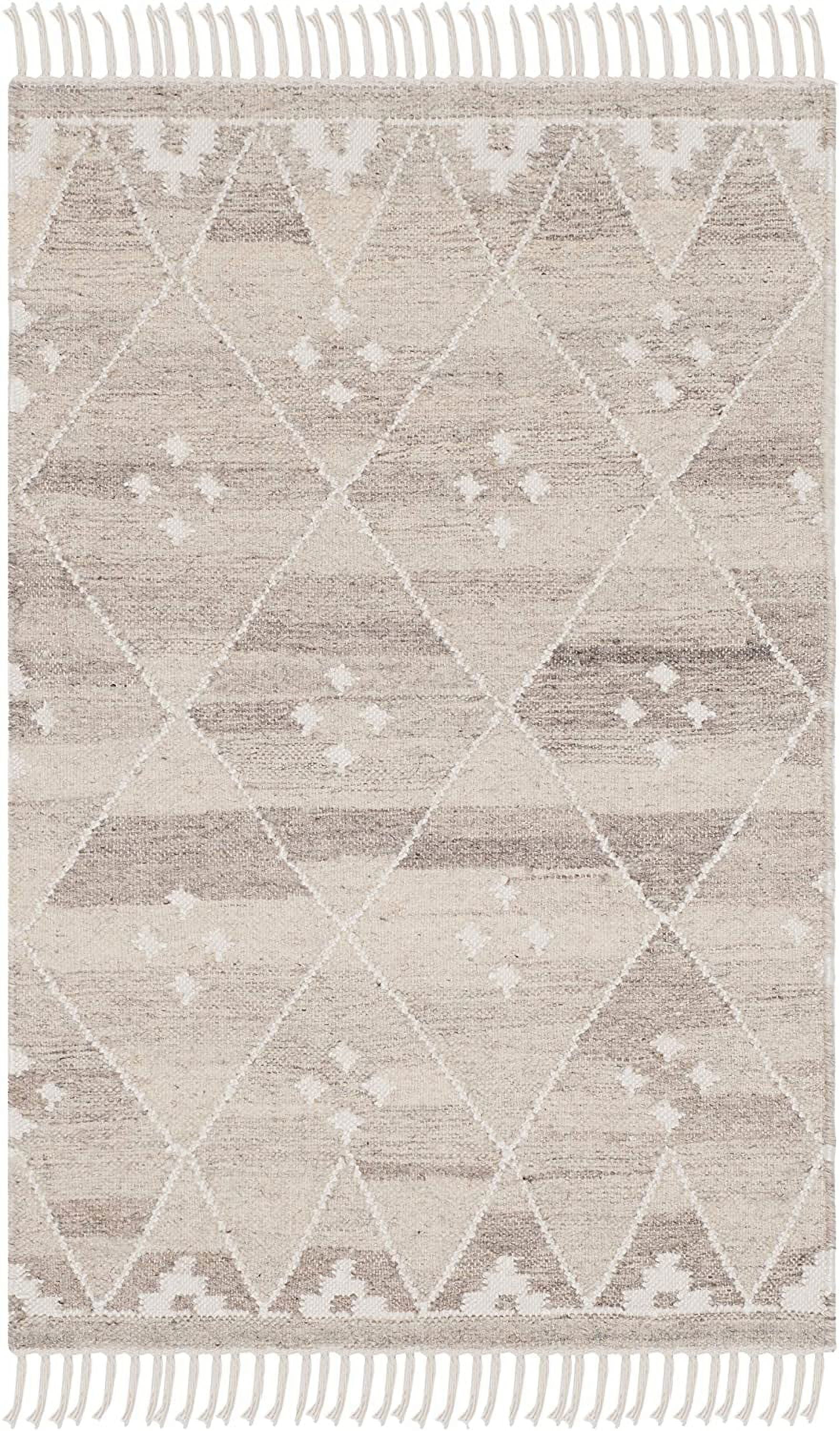 Hand-Woven Nomadic Motif Square Rug in Natural/Ivory - Wool & Viscose Blend
