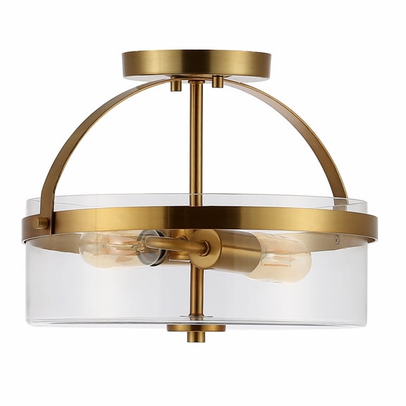 SAFAVIEH Nensor 13 in. Farmhouse 2-Light Brass Gold Metal Mount Light with Clear Shade