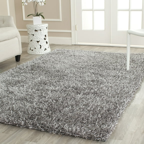 SAFAVIEH New Orleans Darius Solid Polyester Shag Area Rug, Grey, 5' x 5' Square