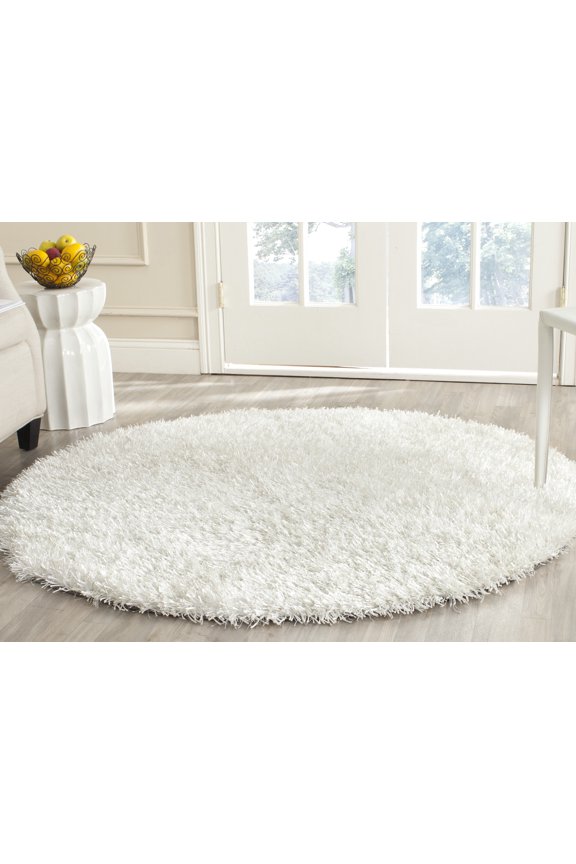 New Orleans Darius Solid Polyester Shag Area Rug, Off White, 5' x 5' Round
