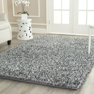 SAFAVIEH New Orleans Darius Solid Polyester Shag Area Rug, Platinum/Ivory, 5' x 5' Square