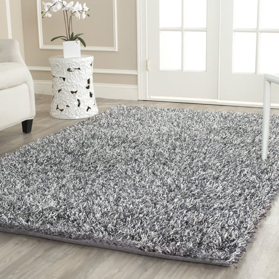 SAFAVIEH New Orleans Darius Solid Polyester Shag Area Rug, Platinum/Ivory, 6' x 9'