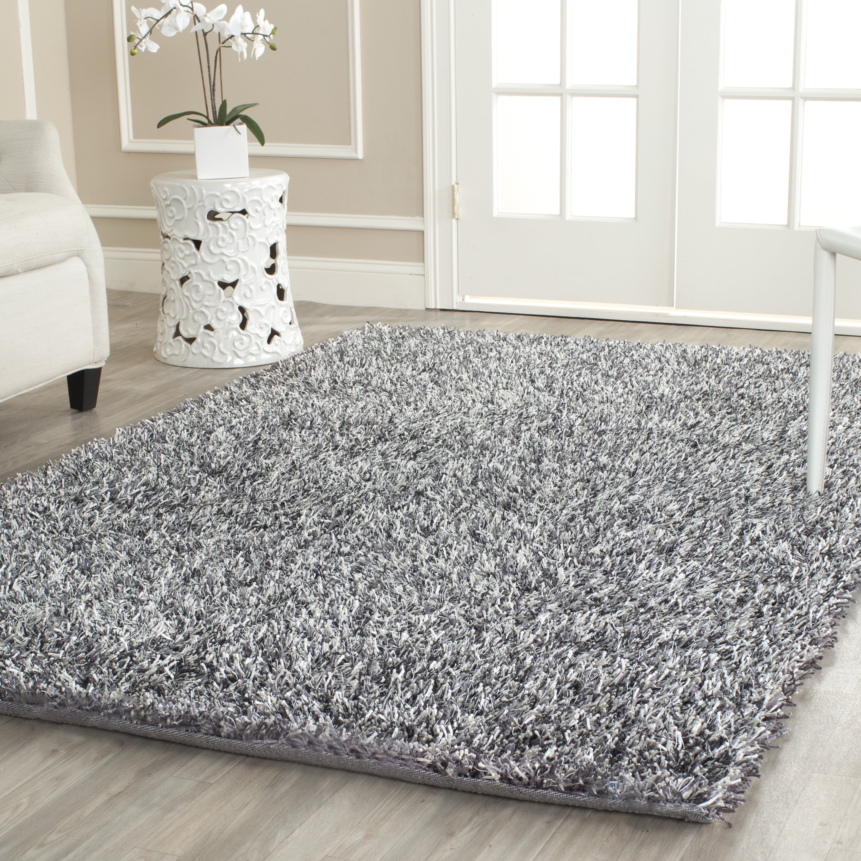 Platinum Ivory Luxe Shag 7' Square Area Rug, Hand-Tufted Wool Blend