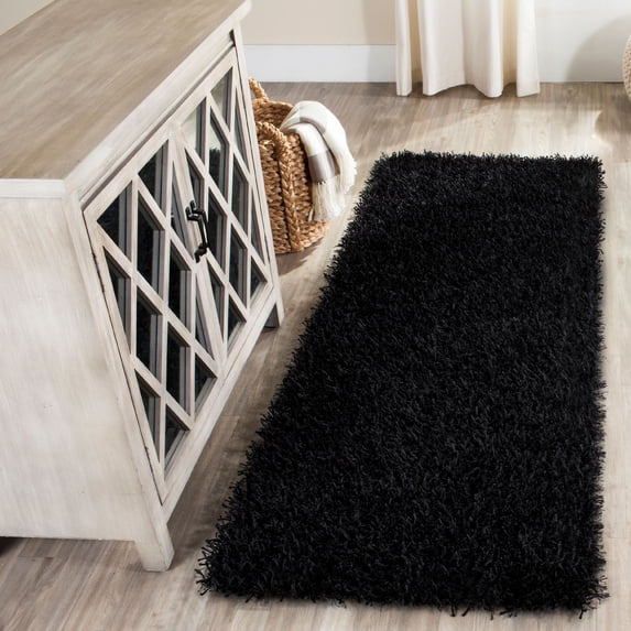 SAFAVIEH New Orleans Darius Solid Polyester Shag Runner Rug, Black, 2'3" x 6'