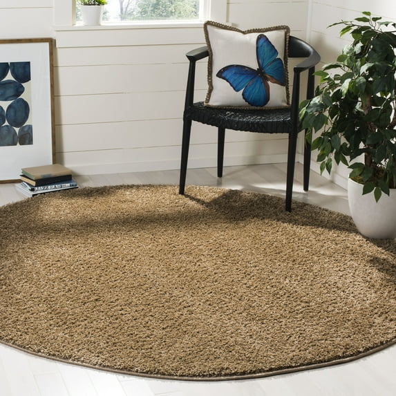 SAFAVIEH New York Willis Plush Solid Shag Area Rug, Dark Beige, 6'7" x 6'7" Round