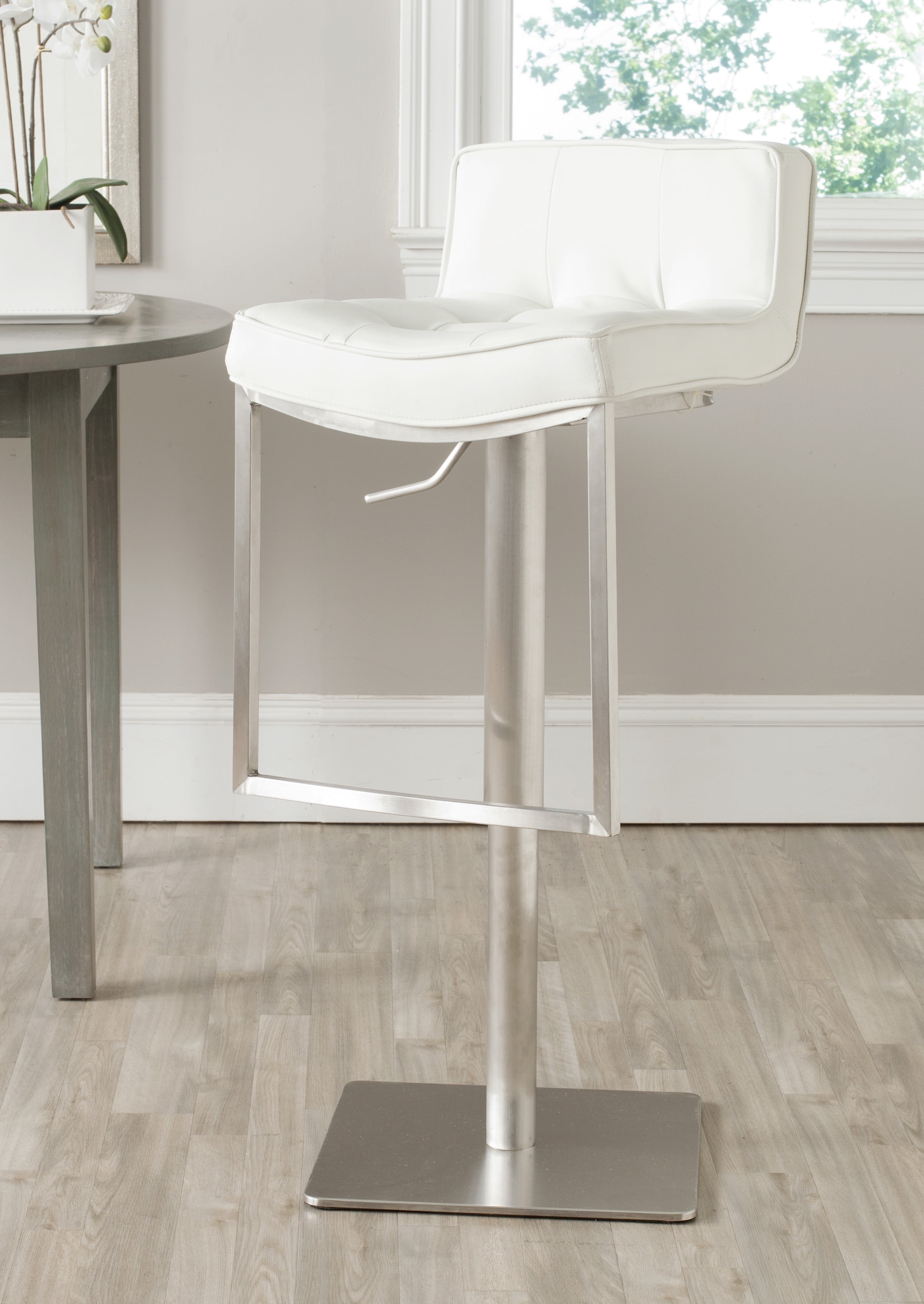 Adjustable White Leather Swivel Bar Stool with Metal Base