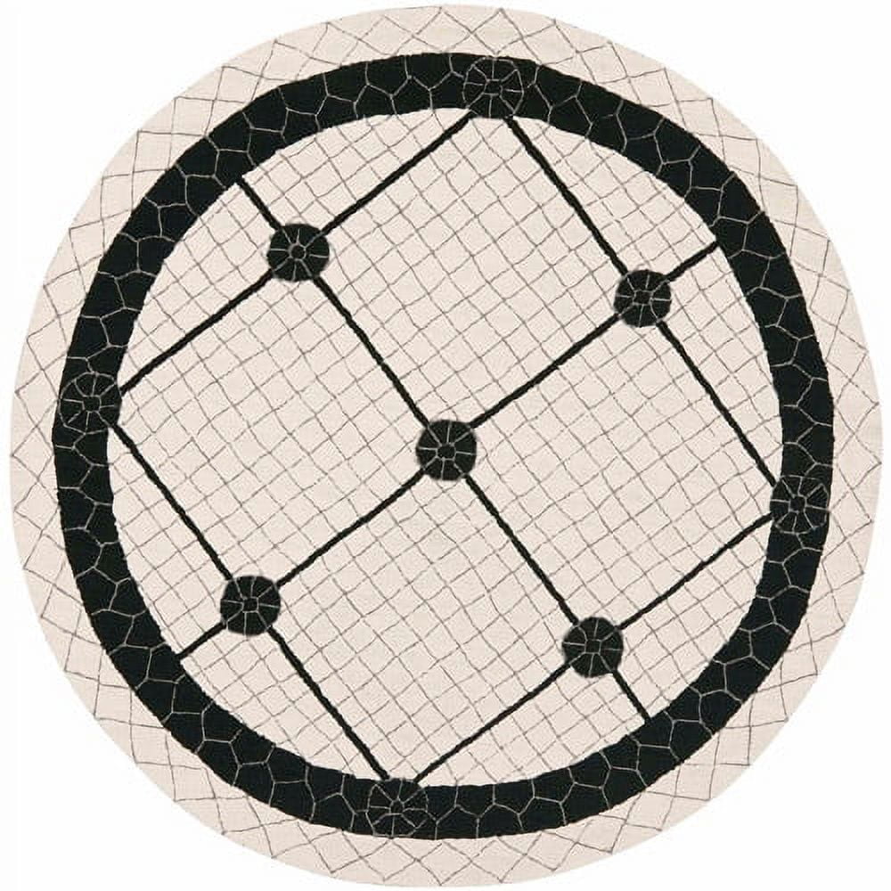 Ivory and Black Hand-Hooked Wool Round Area Rug, 4'