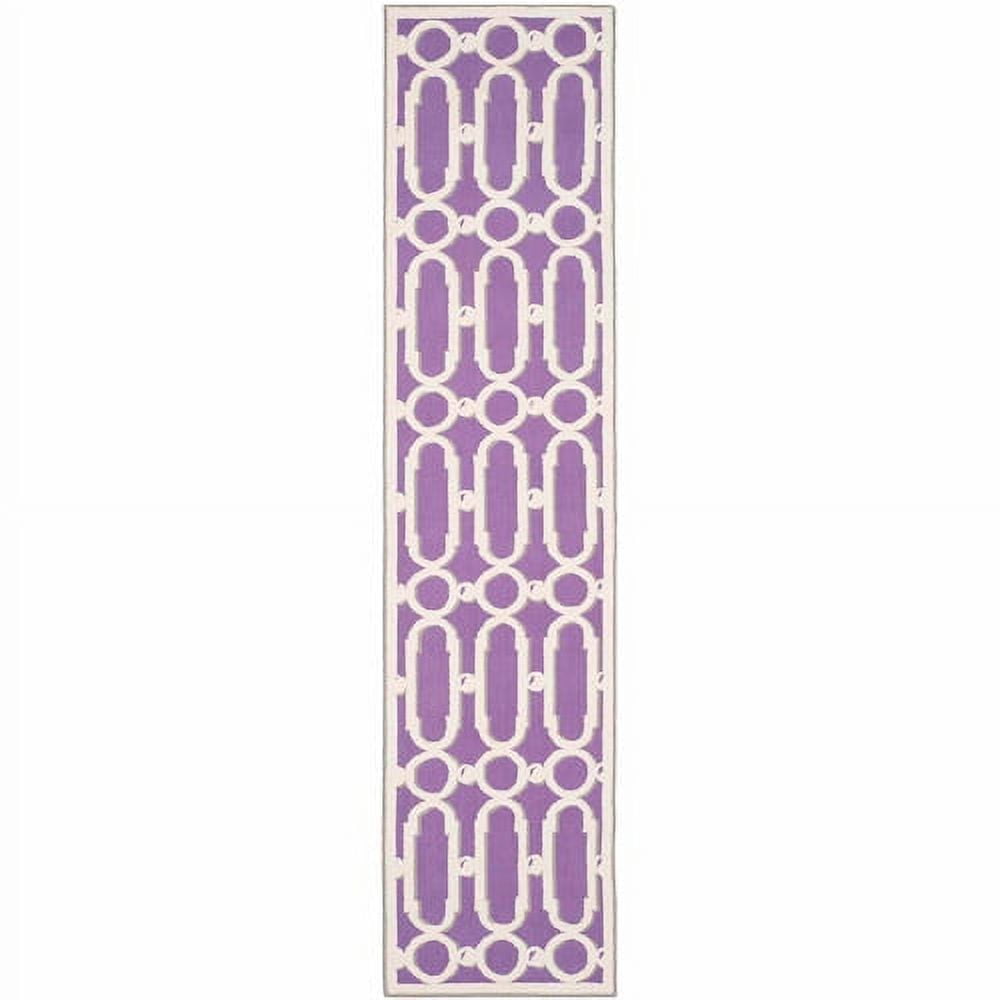 Purple and White Hand-Hooked Cotton Runner Rug