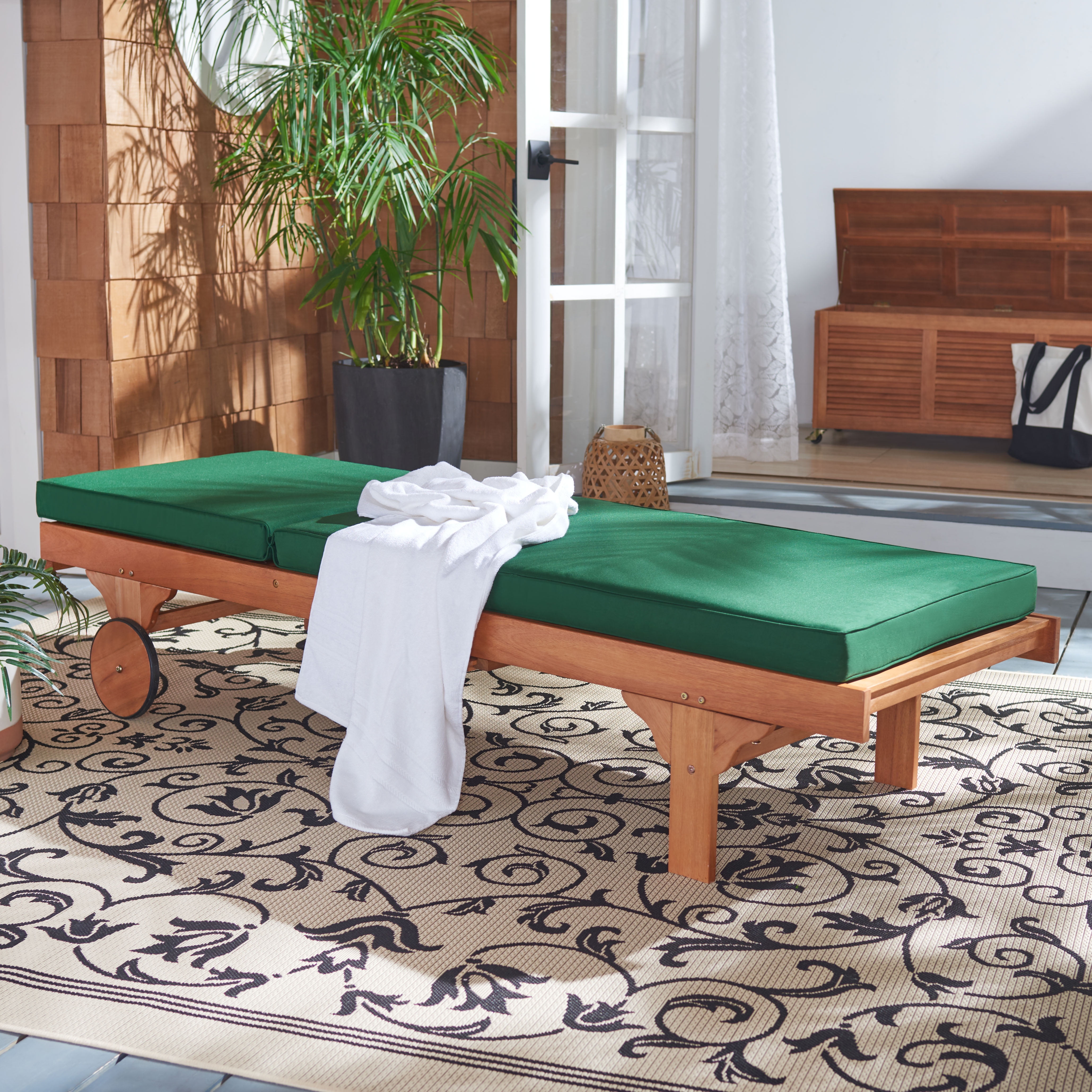 Natural Green Eucalyptus Wood Outdoor Chaise Lounge Chair with Cushions