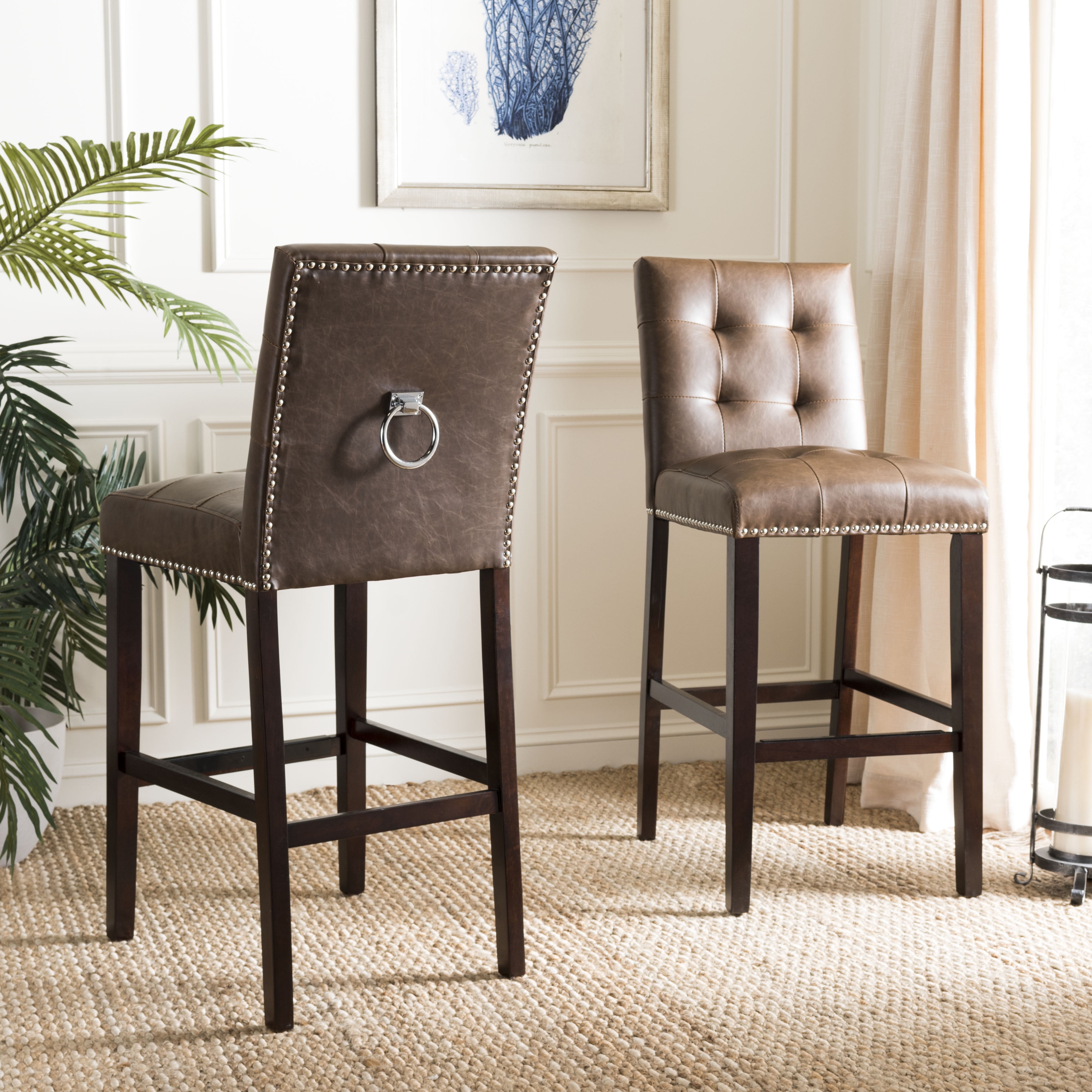 Nikita Brown Leather and Wood Bar Stools, Set of 2